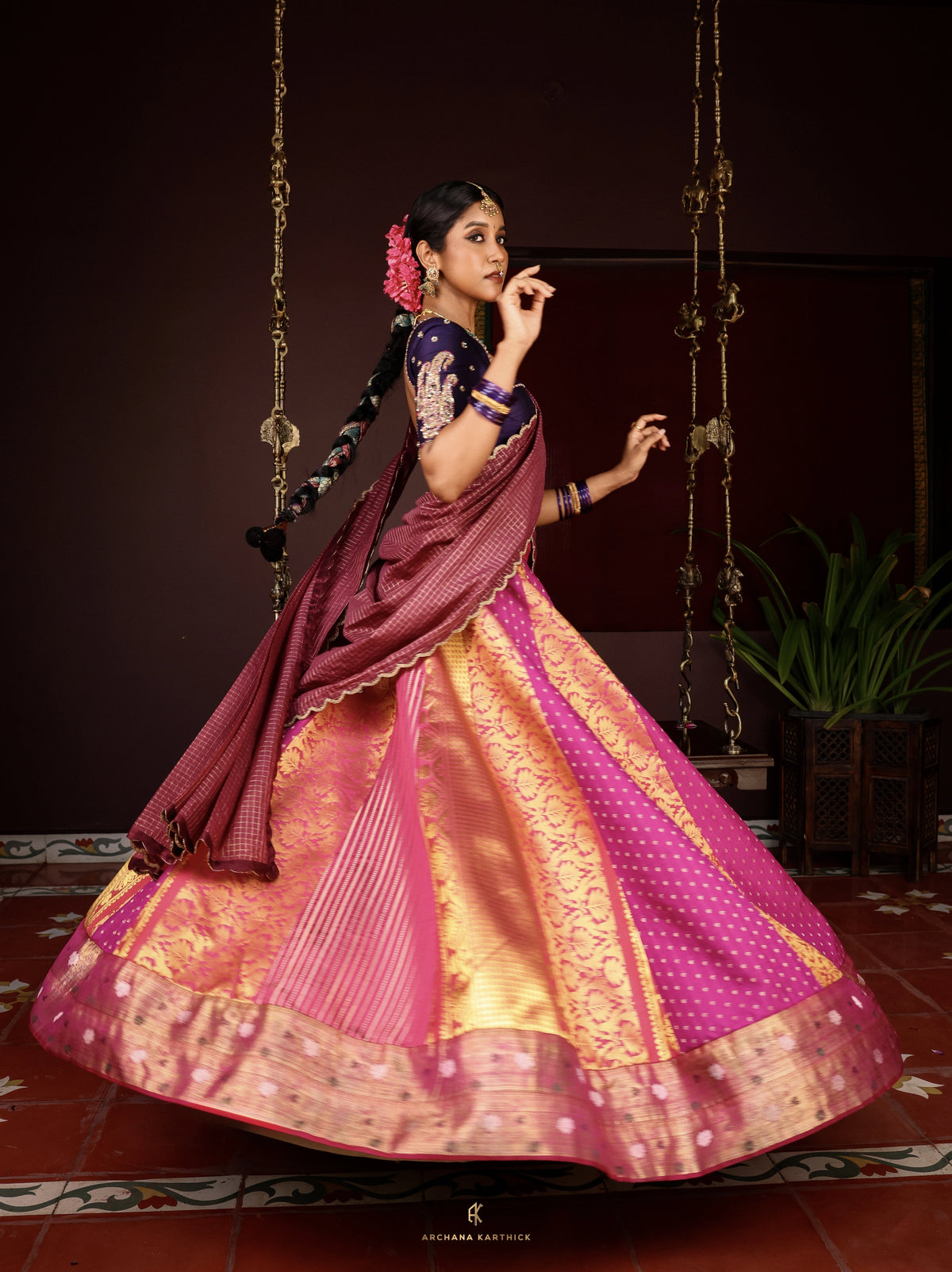 "Thamarai" - Blue, Pink & Magenta Silk Half Saree
