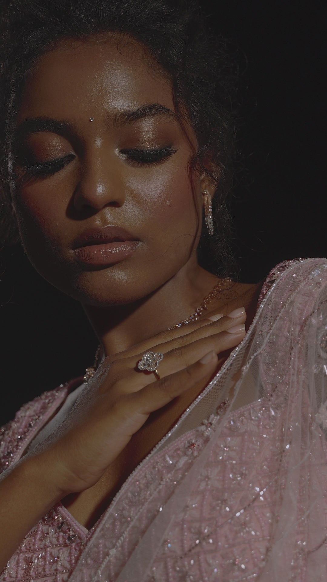 Model Ashika Crystal for photoshoot video in a blush pink saree set, intricately adorned with sequins, rhinestones, crystals and cutdana for "STARDUST" - A/W'25 saree collection by team Archana Karthick.