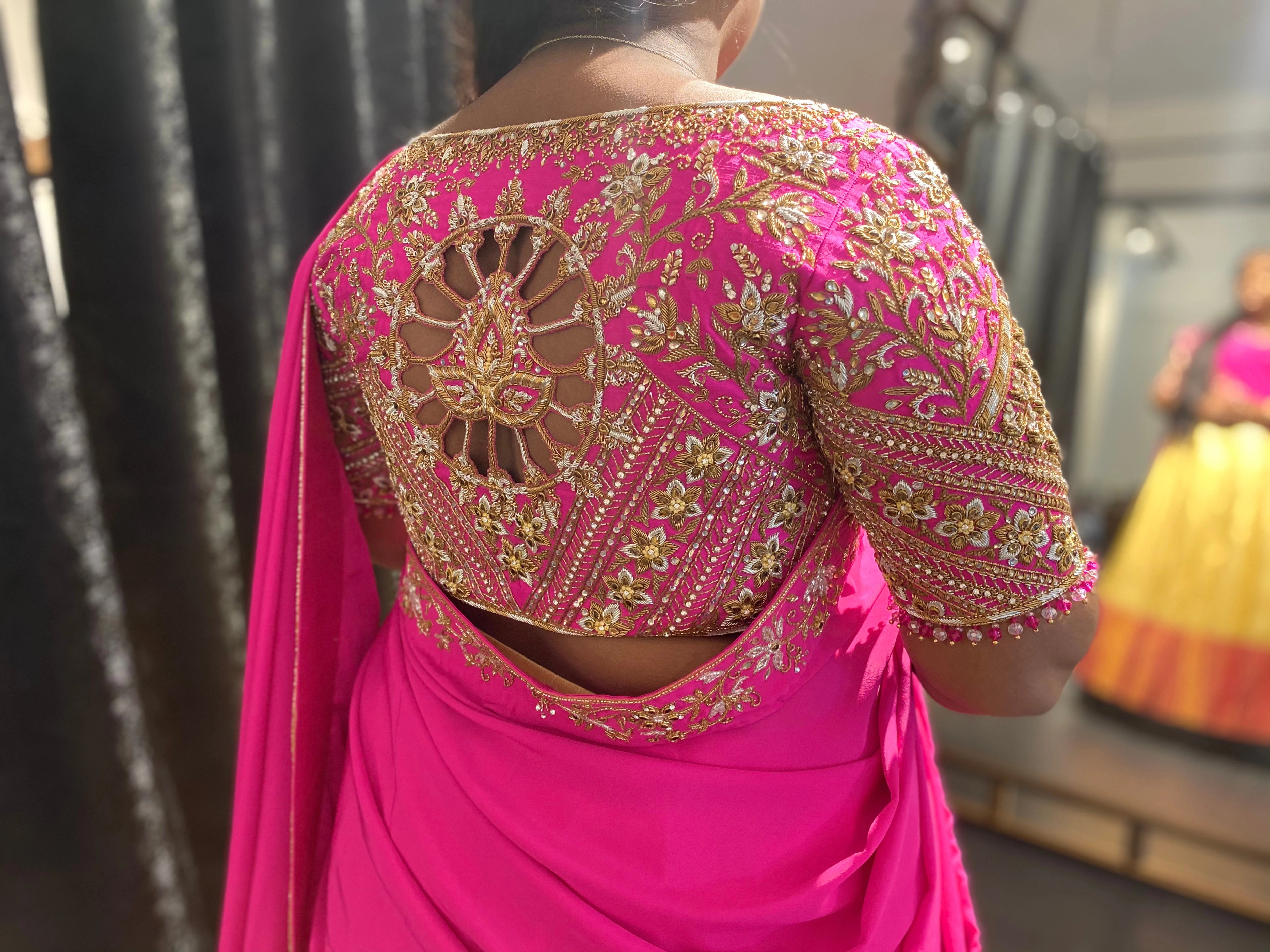 A pink silk blouse during fittings, handcrafted by team Archana Karthick.