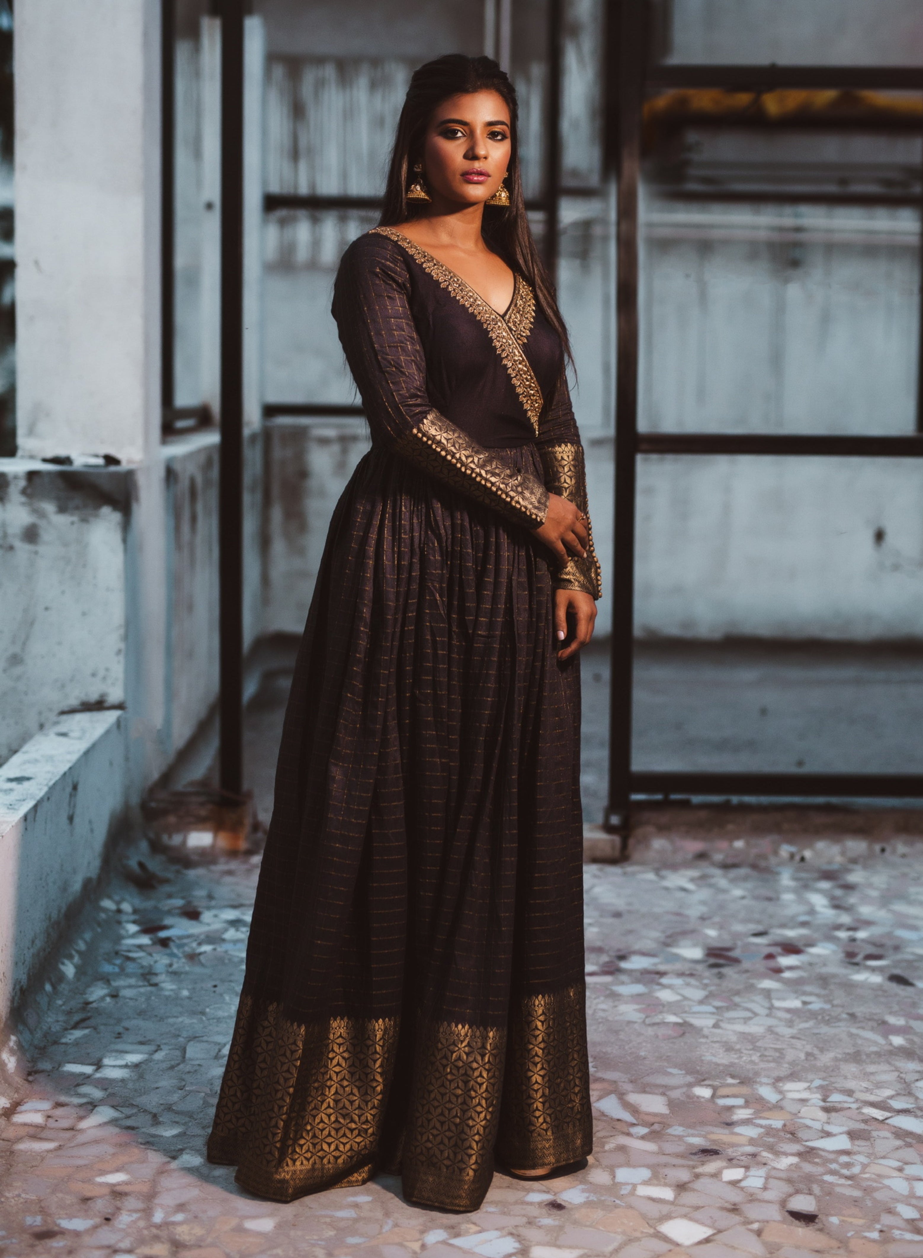 Actress Aishwarya Rajesh in a black silk angrakha anarkali