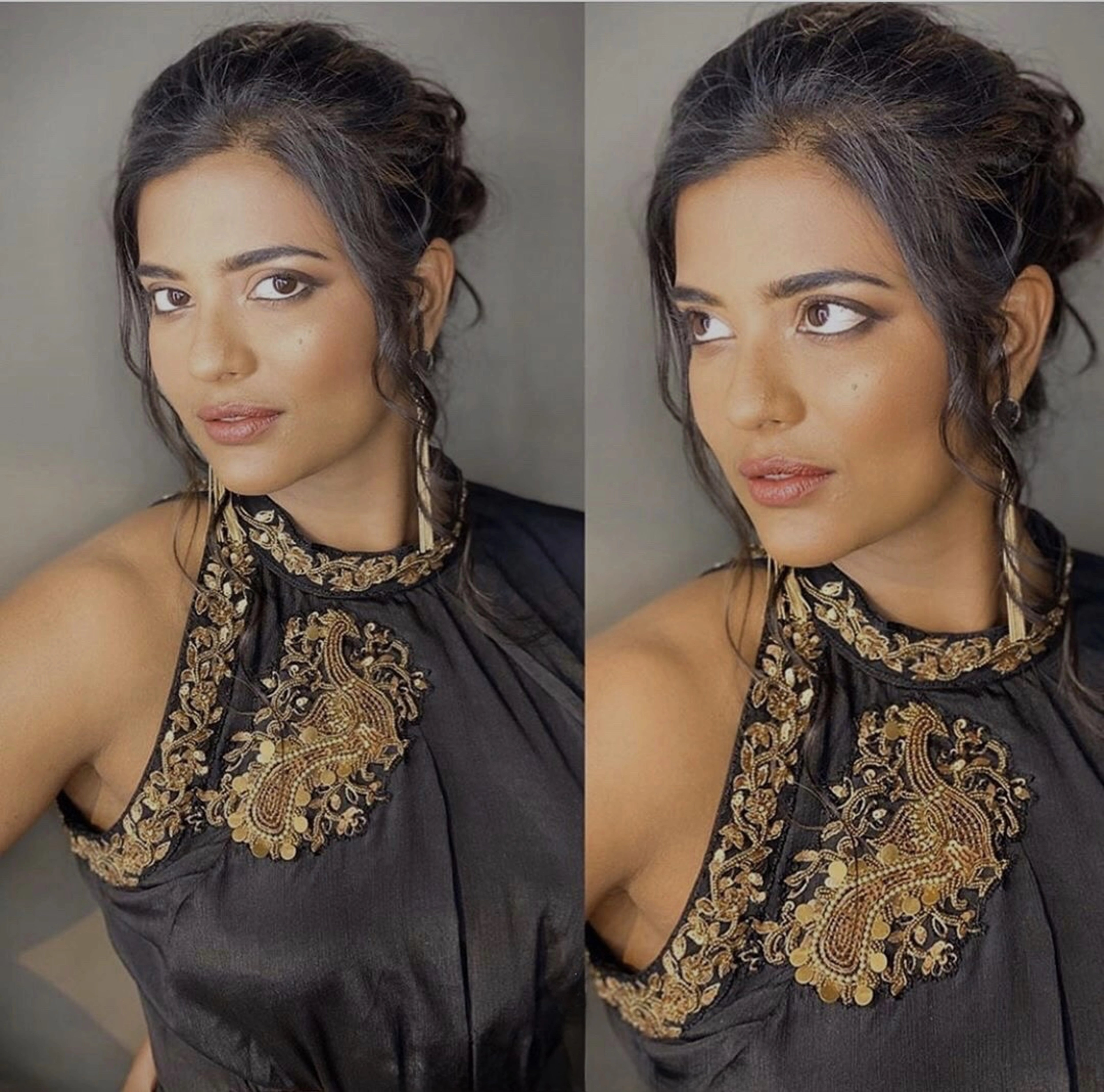 Actress Aishwarya Rajesh posing in a charcoal chiffon halterneck dress with a single side slit and intricate detailing.