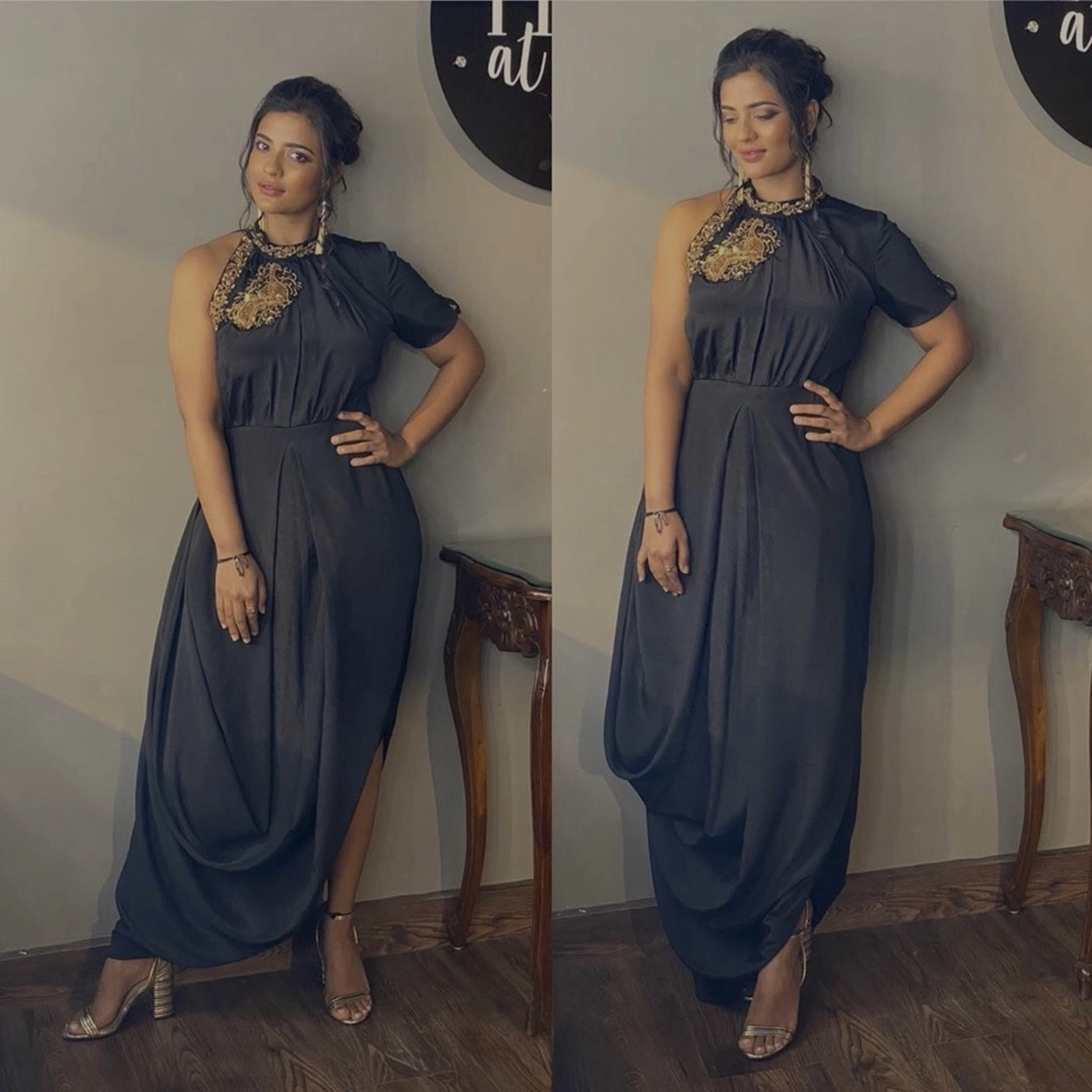 Actress Aishwarya Rajesh smiling in a charcoal chiffon halterneck dress with a single side slit and intricate detailing.