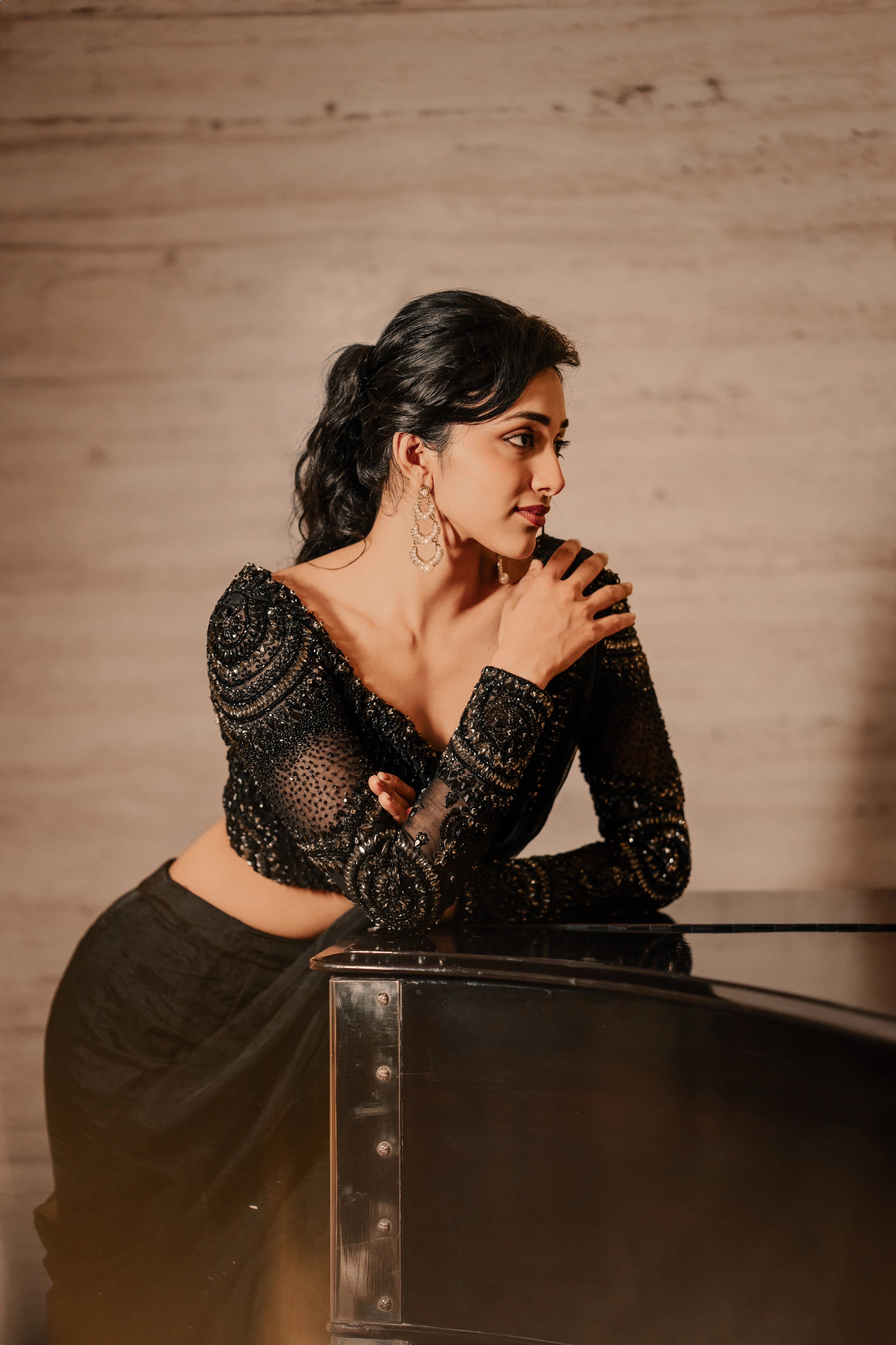 Actress & dancer Preity Mukhundhan during the photoshoot in "The Black Mermaid" black mermaid lehenga saree from Archana Karthick's collection.