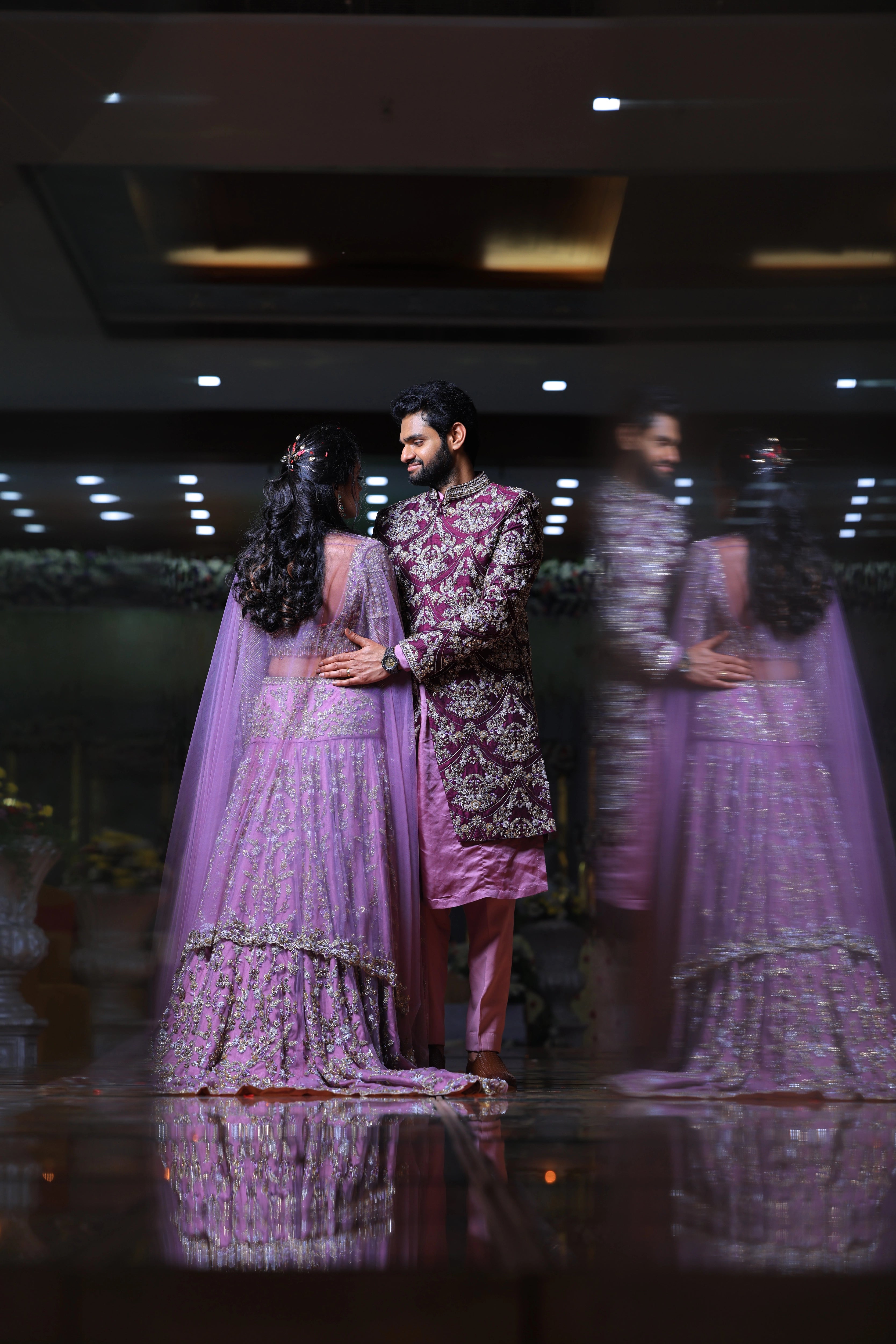 Bride Deepika during photoshoot in lavender raw silk lehenga, intricately handcrafted with sequins, cutdana, beads, crystals, rhinestones and zardozi by team Archana Karthick.
