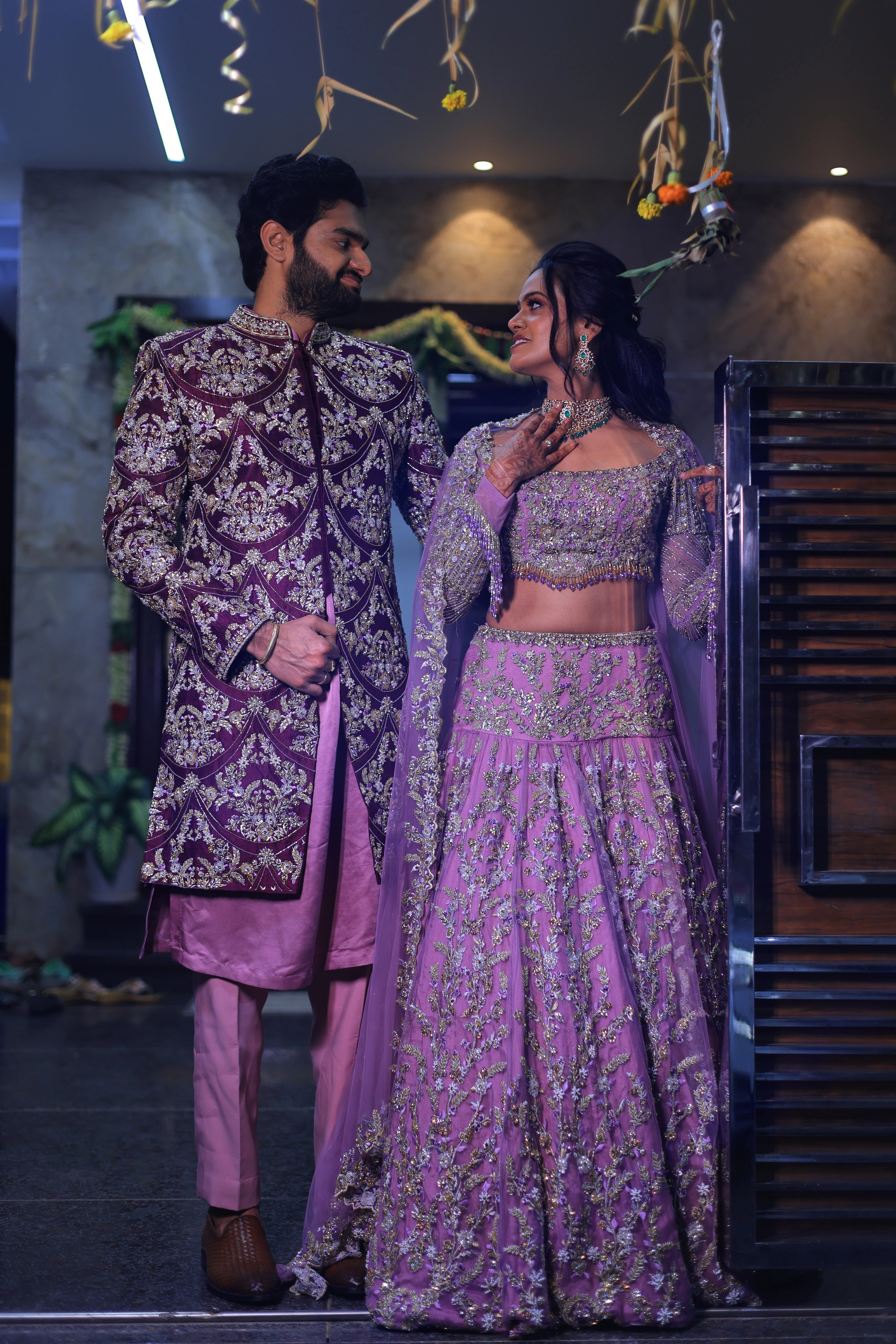 Bride Deepika in lavender raw silk lehenga, intricately handcrafted with sequins, cutdana, beads, crystals, rhinestones and zardozi by team Archana Karthick.