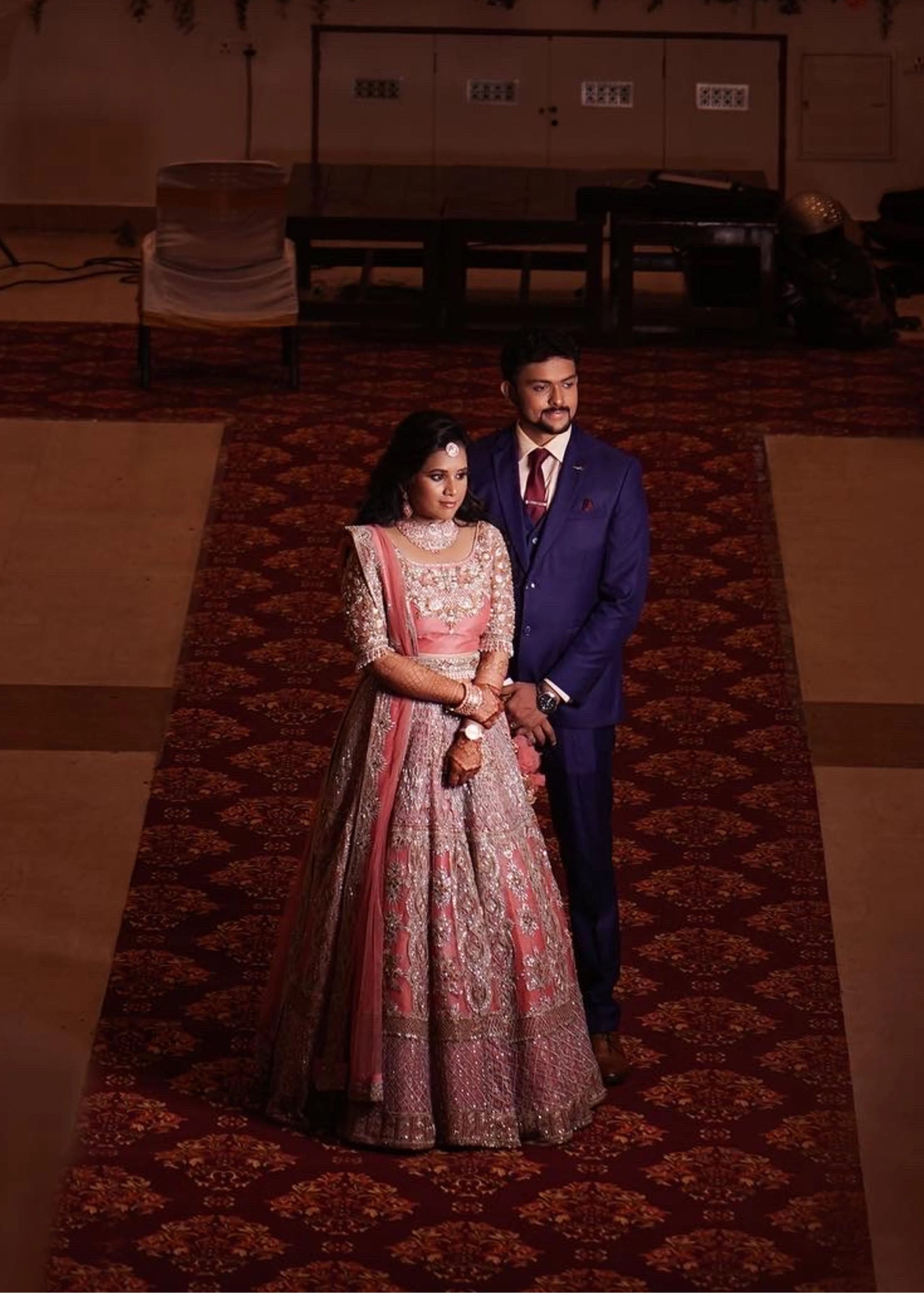 Bride Divya Gopinath from Portland, USA in a pink peach tulle lehenga, handcrafted team Archana Karthick.