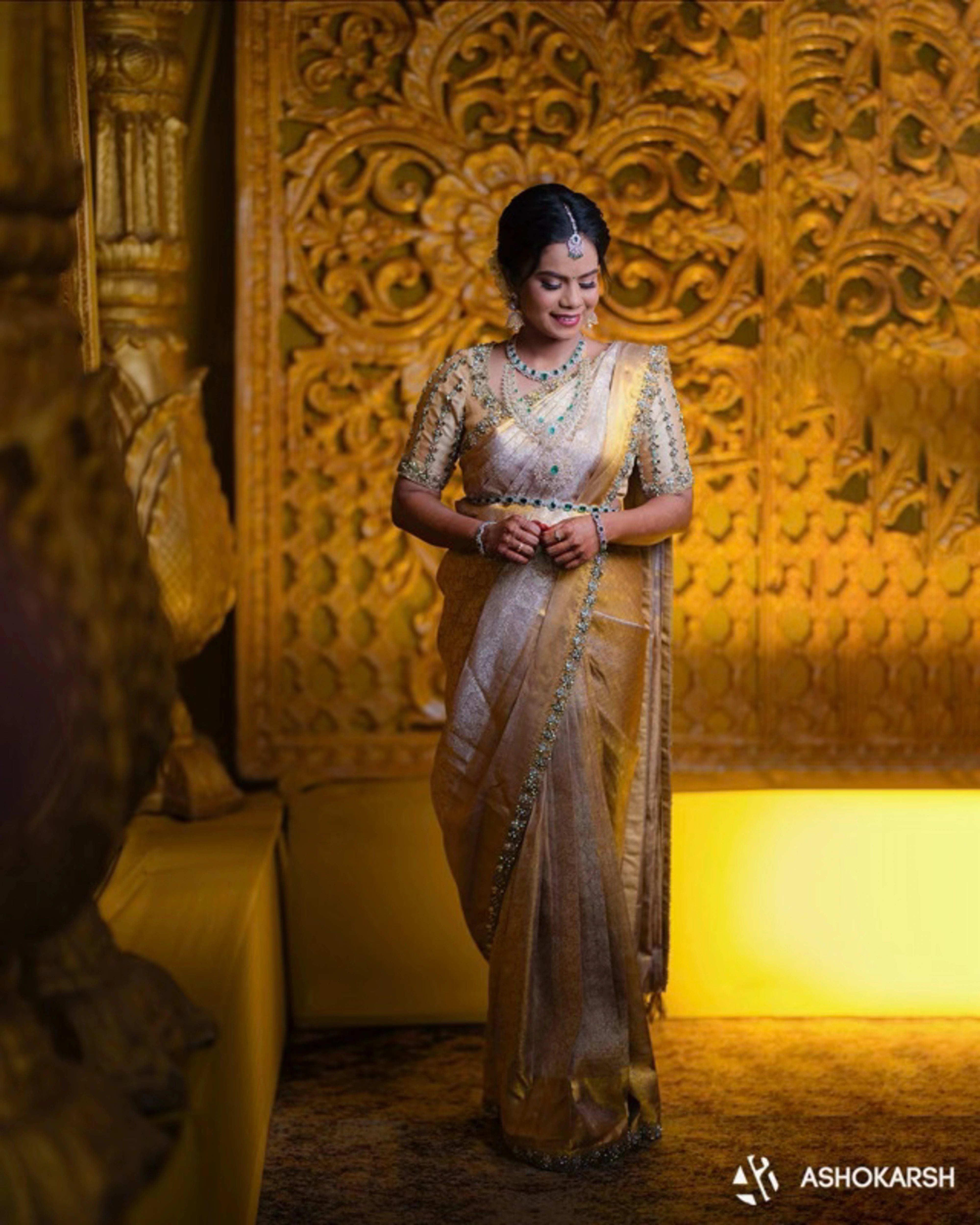 Bride Kushmma in a silk blouse & saree border by Archana Karthick