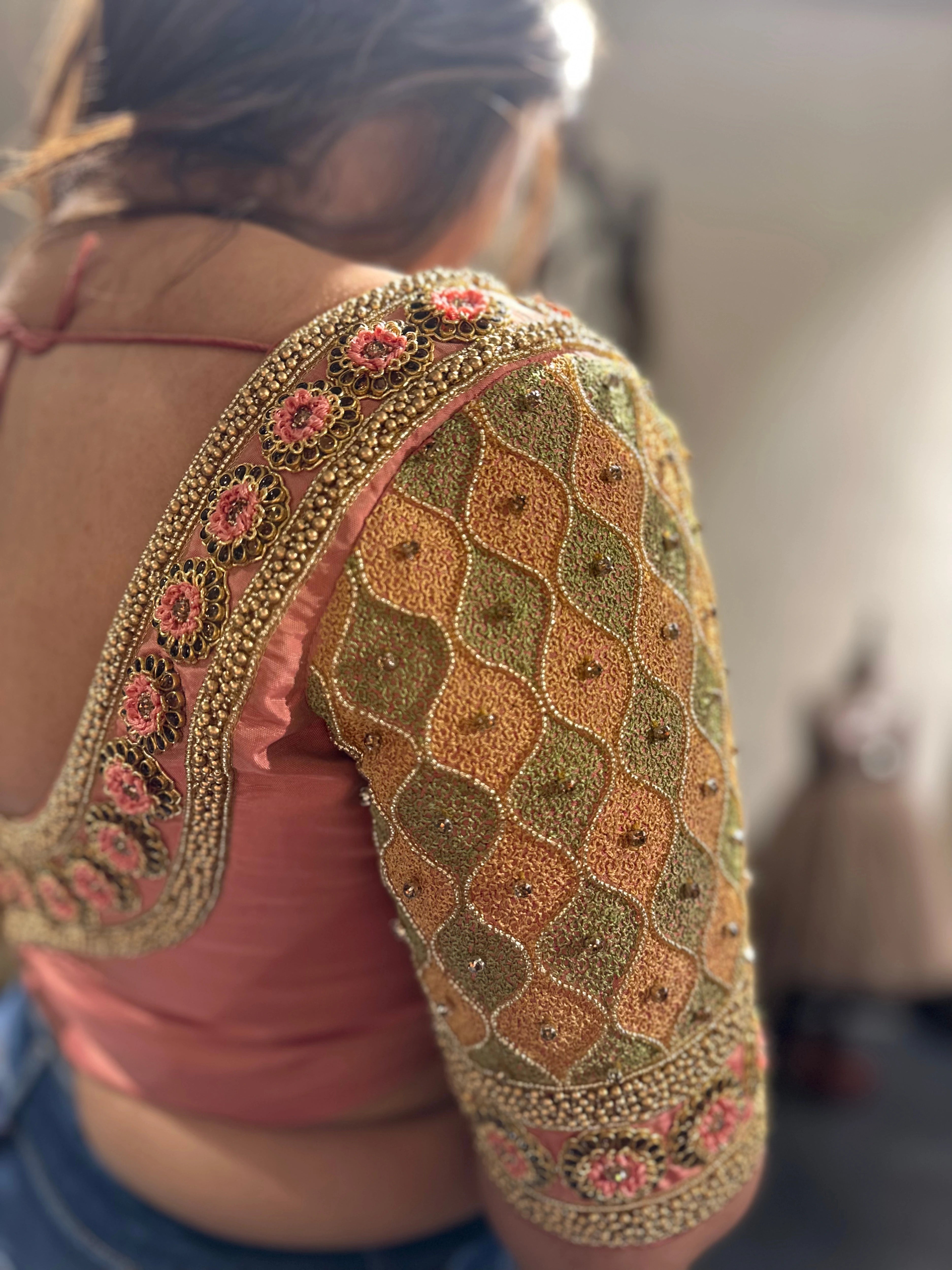 Bride Visali from USA during the fittings in a peach cream raw silk blouse handcrafted by team Archana Karthick.