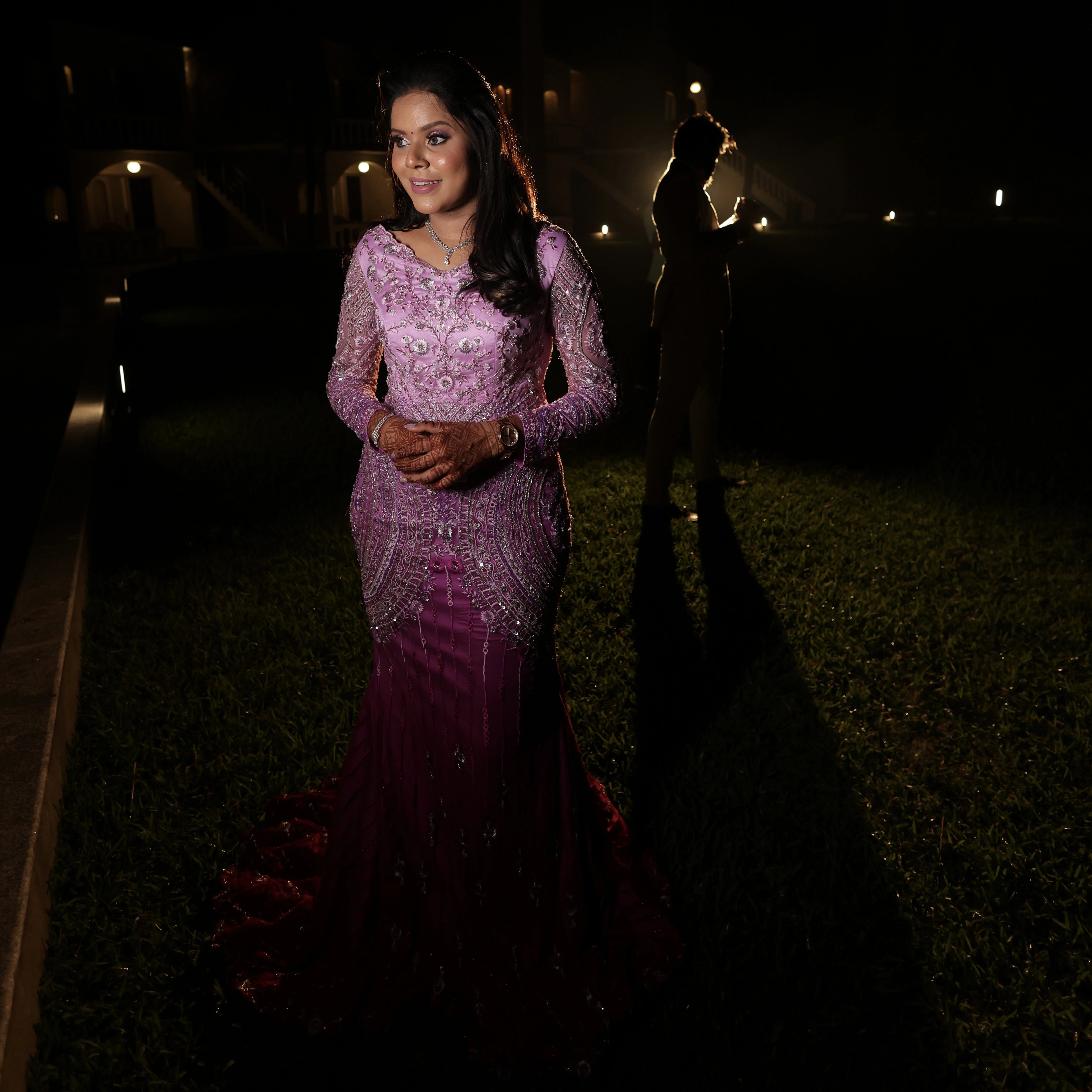 Bride from UK in ombre pink mermaid gown designed by Archana Karthick