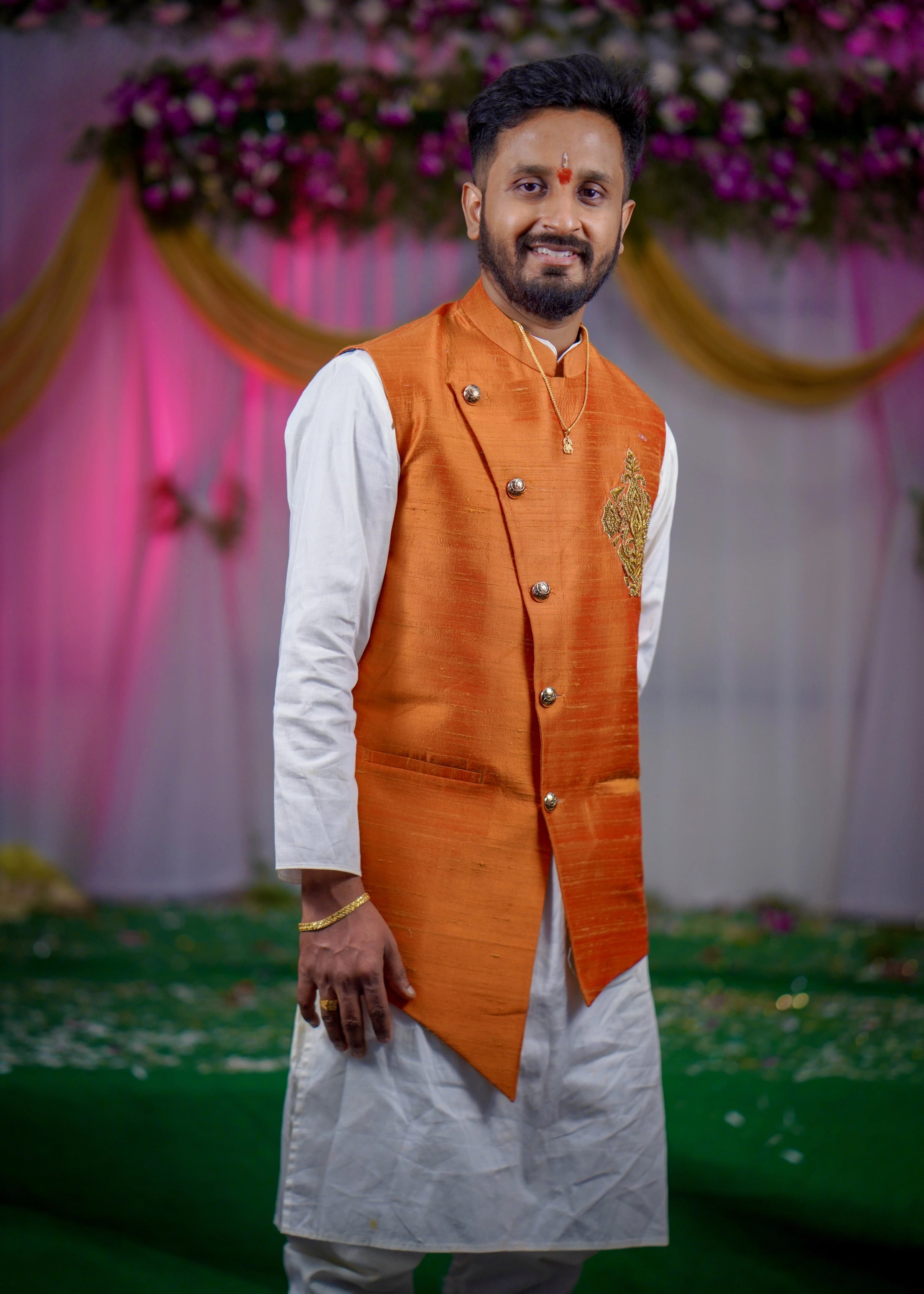 Groom from Seattle, USA in a bespoke bandhgala set by Archana Karthick