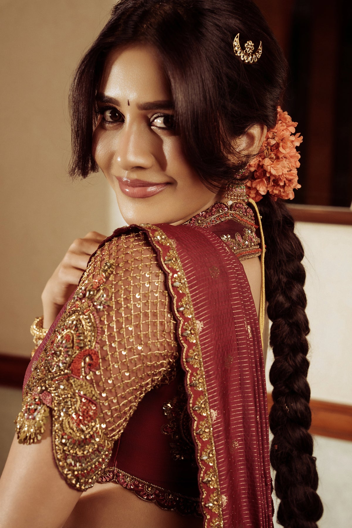 Nabha Natesh x Archana Karthick | Red & Orange Kanjeevaram Silk Half Saree