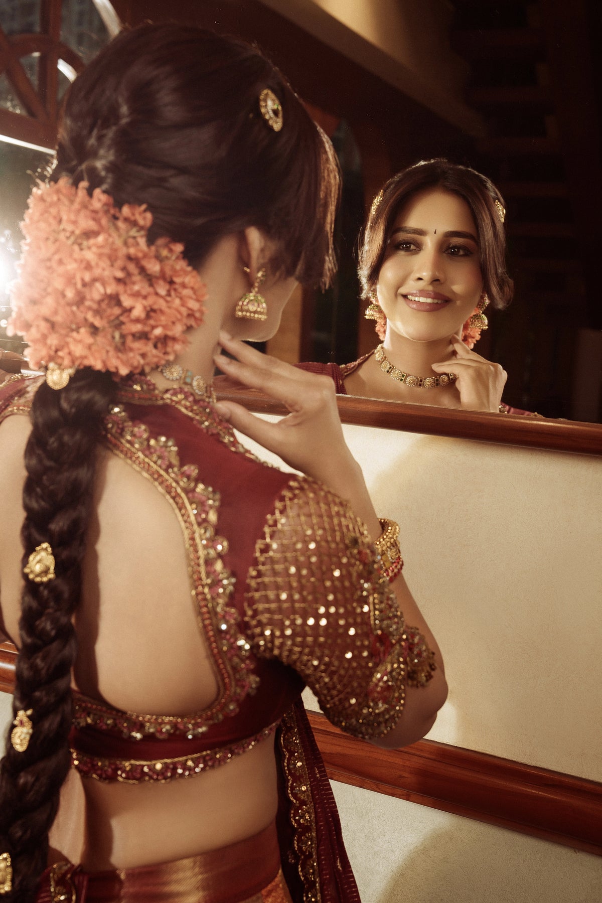 Nabha Natesh x Archana Karthick | Red & Orange Kanjeevaram Silk Half Saree