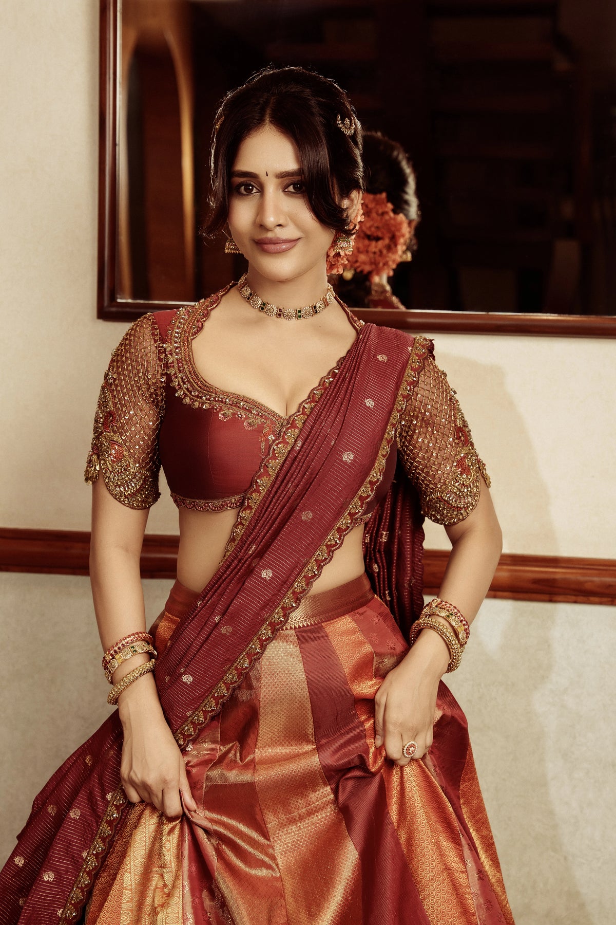 Nabha Natesh x Archana Karthick | Red & Orange Kanjeevaram Silk Half Saree