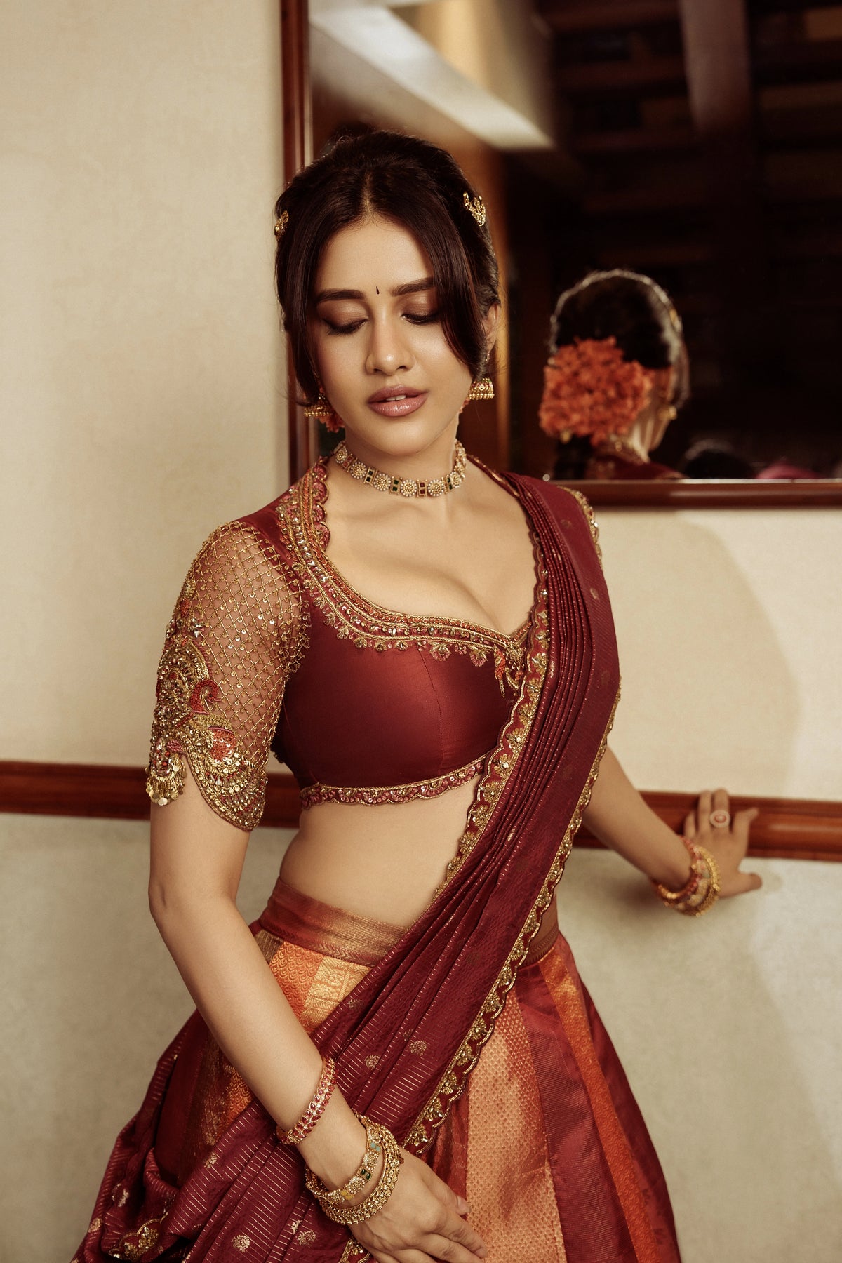 Nabha Natesh x Archana Karthick | Red & Orange Kanjeevaram Silk Half Saree