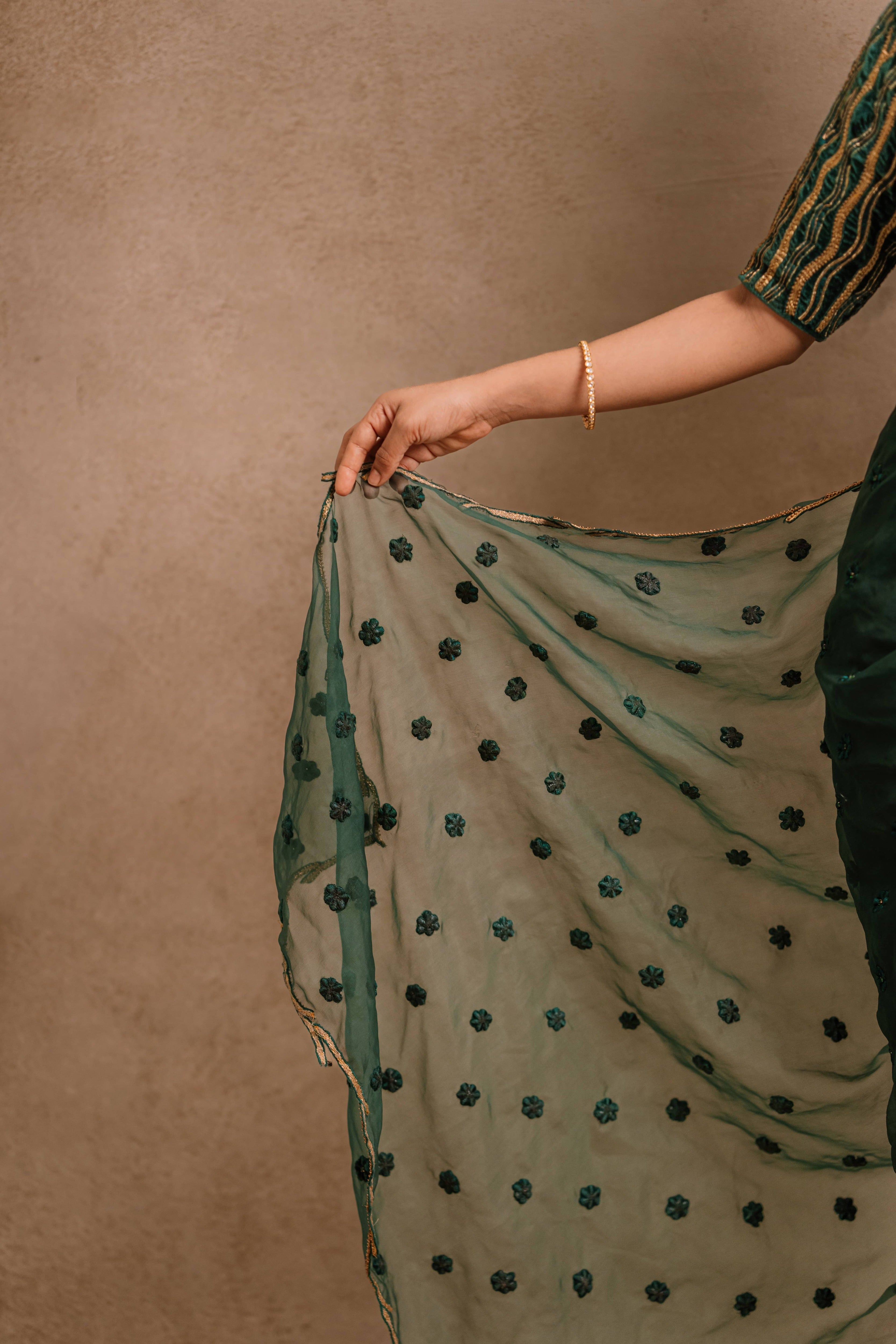 Jaina Parmar, known for recreating looks of actress Nayanthara is seen here in green organza saree set designed by Archana Karthick and is showcasing the pallu