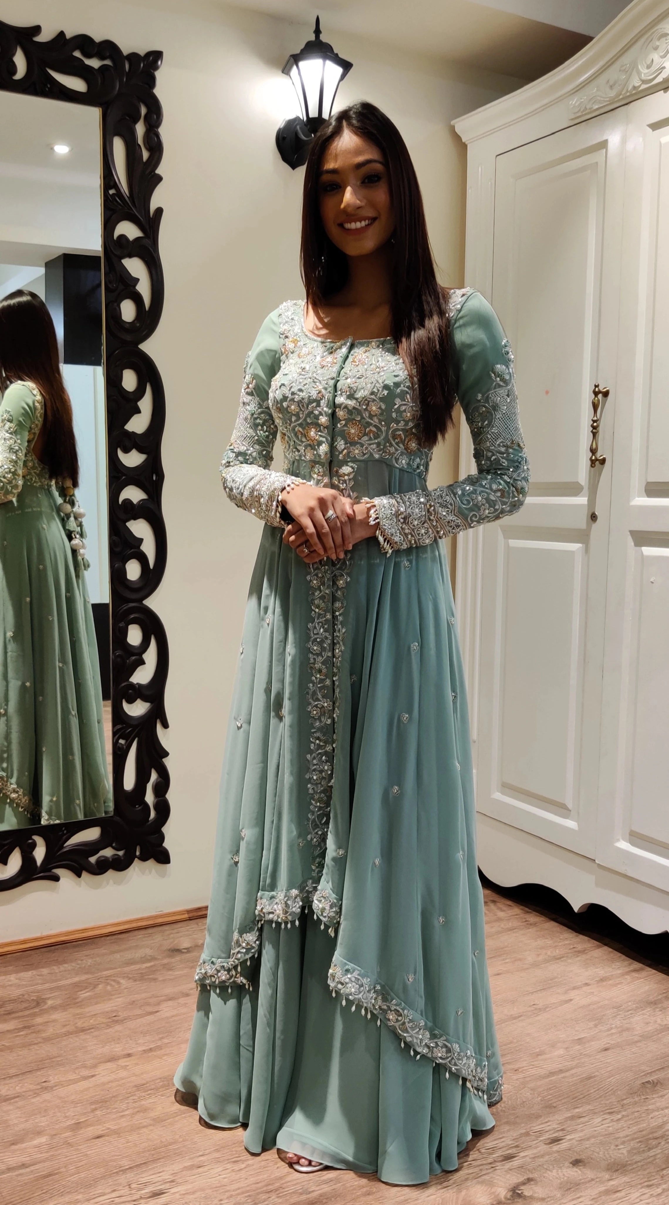 Miss India and actress Anukreethy Vas in a muted blue aquamarine georgette masakali lehenga. Intricately handcrafted with crystals, etc by team Archana Karthick.