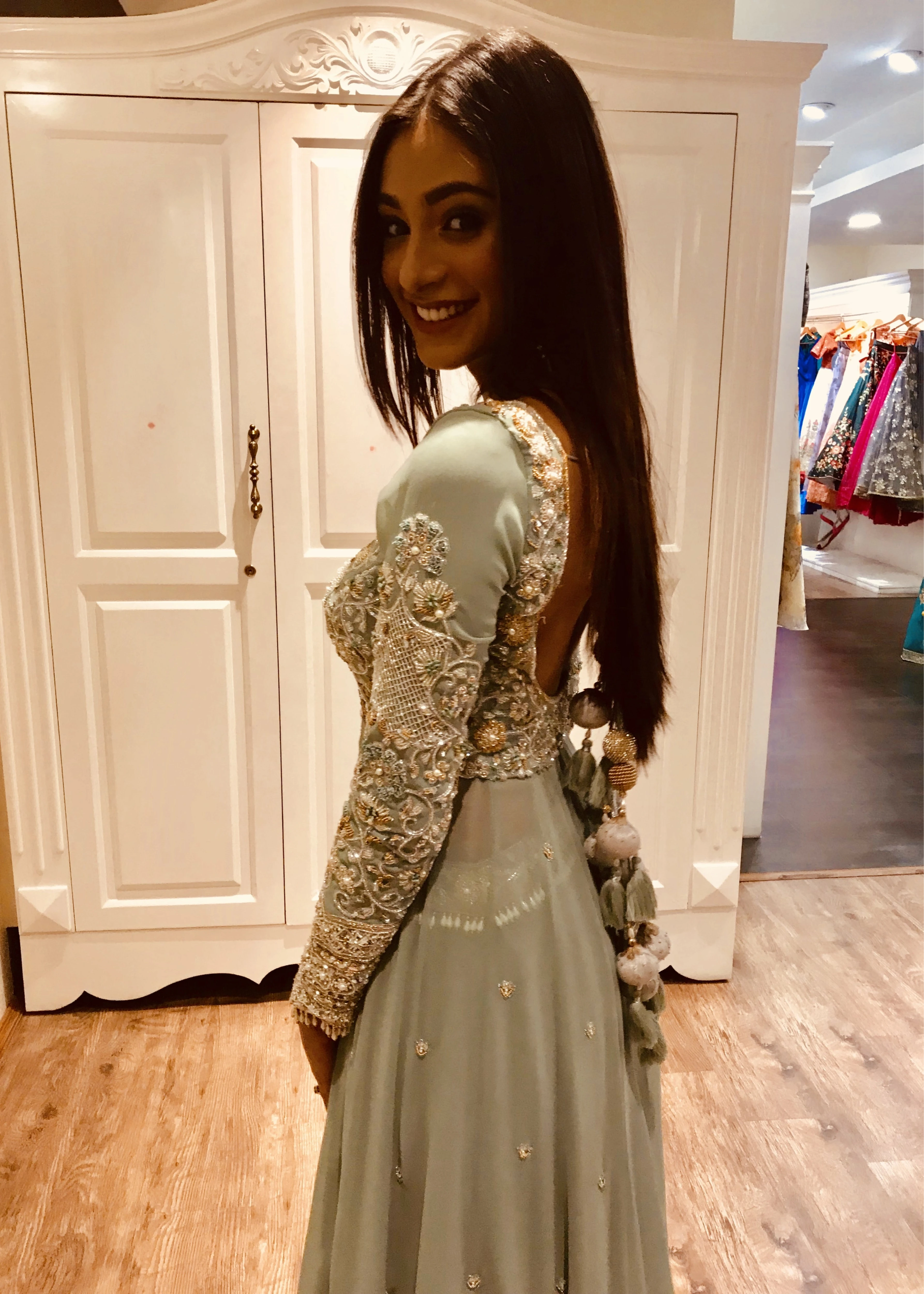 Miss India and actress Anukreethy Vas showcasing sleeve design in a muted blue aquamarine georgette masakali lehenga. Intricately handcrafted with crystals, etc by team Archana Karthick.