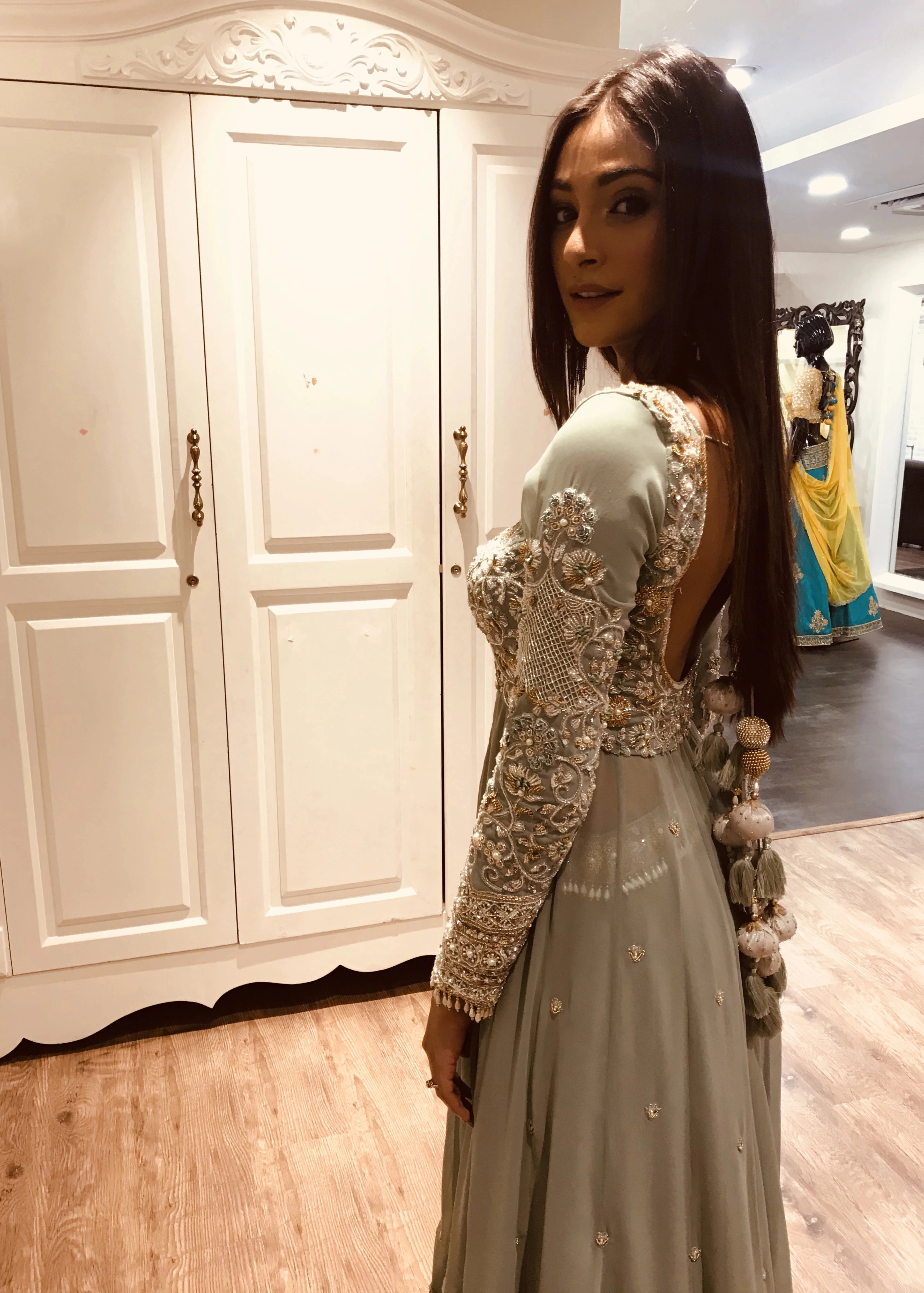 Miss India and actress Anukreethy Vas showcasing sleeve in a muted blue aquamarine georgette masakali lehenga. Intricately handcrafted with crystals, etc by team Archana Karthick.