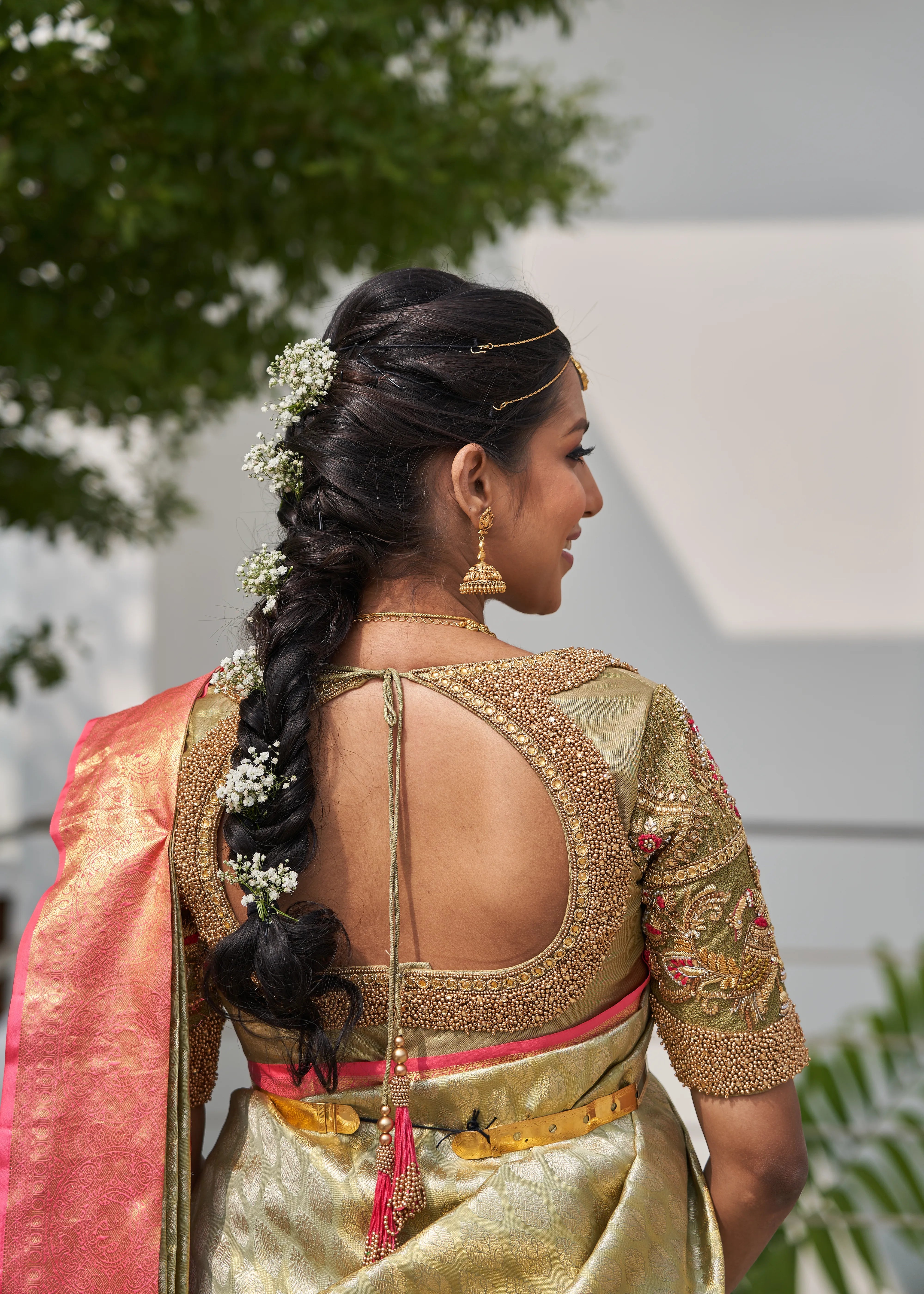 Model Ashwini Kumar, one of the mommies to be for whom Archana Karthick designed the blouse for her baby shower showcasing the back blouse design