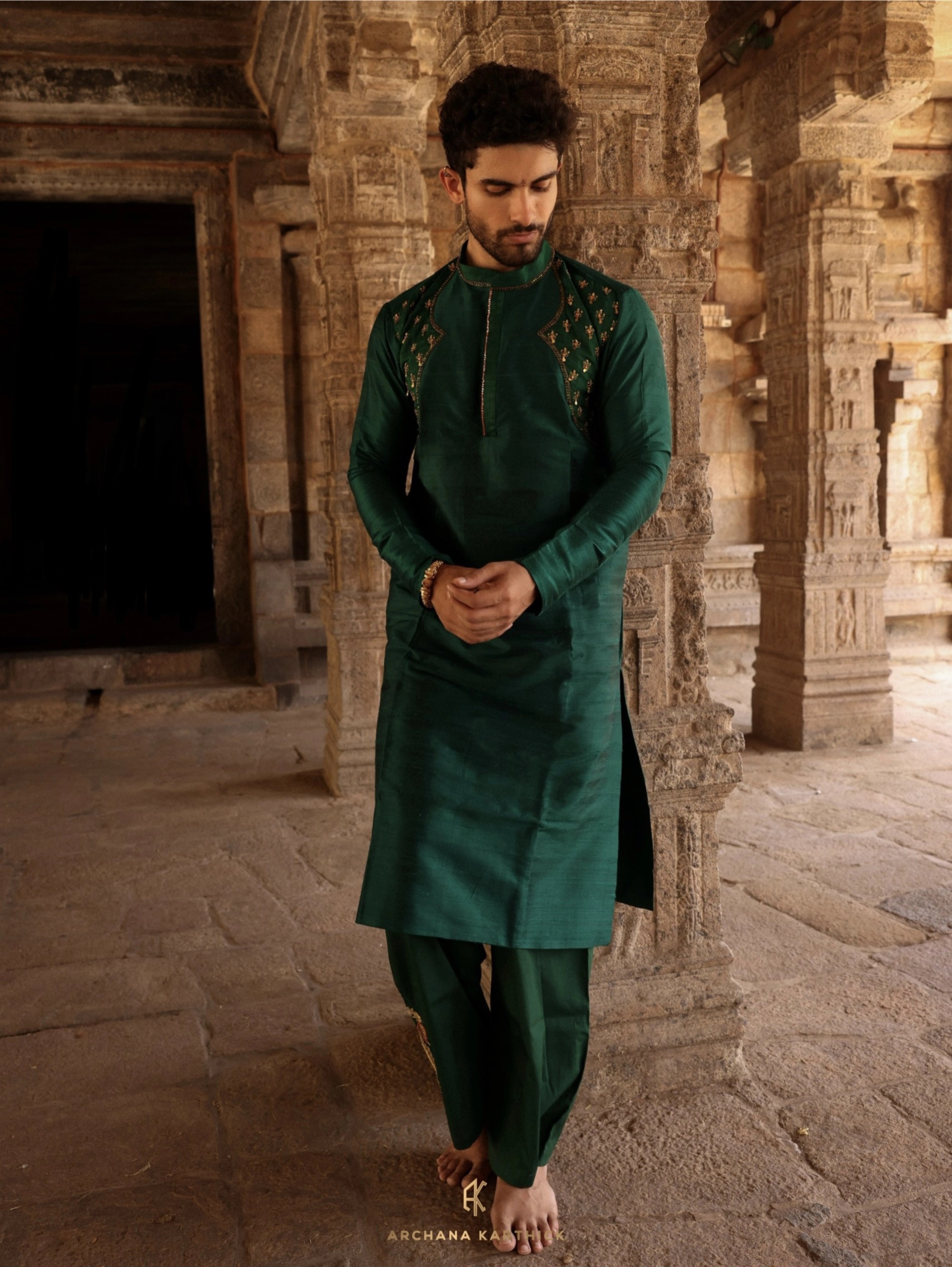 Model Harsh Kapoor in green raw silk mens kurta set by chennai-based luxury couture label Archana Karthick