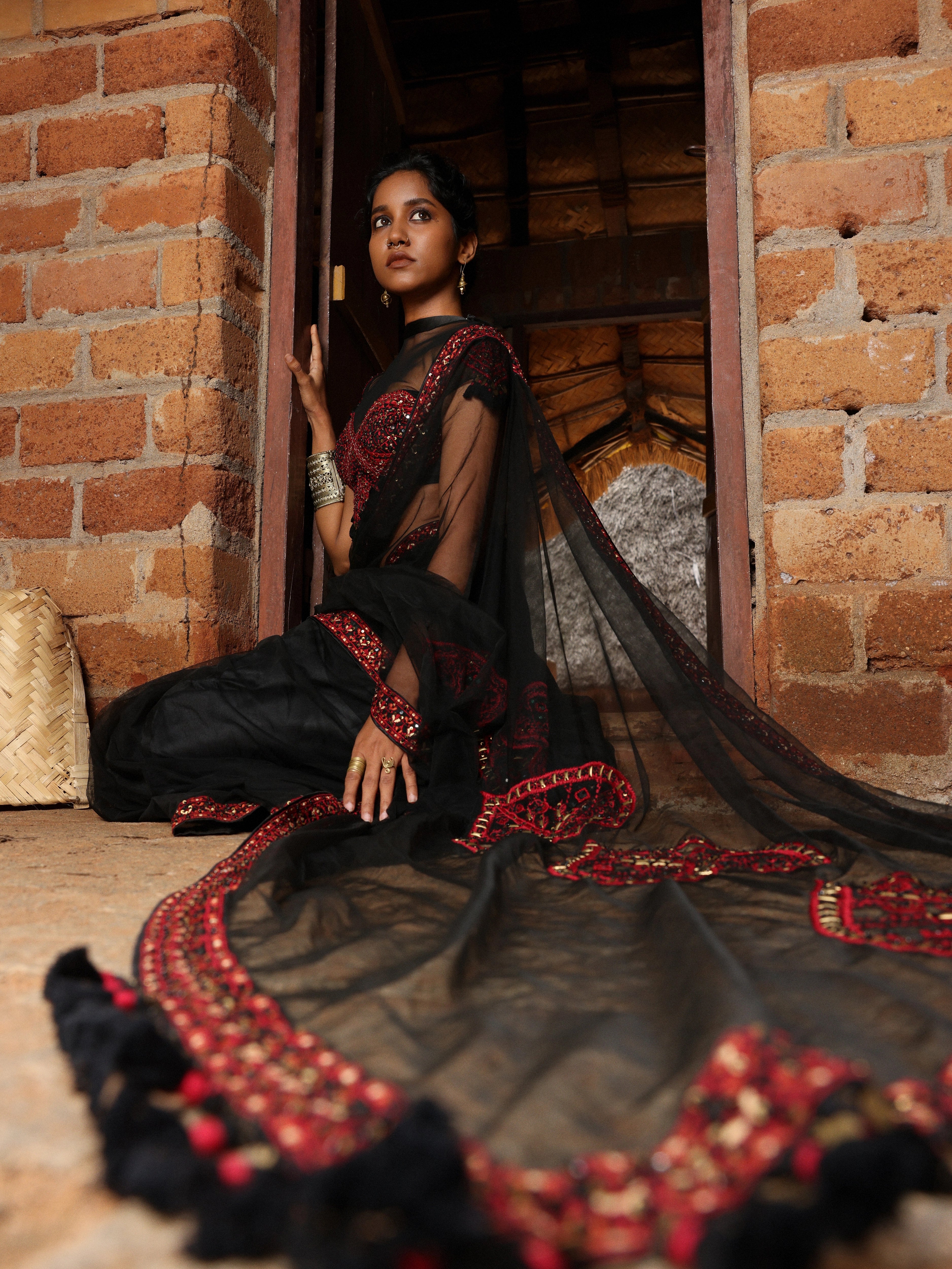Model in black and red net saree with blouse.