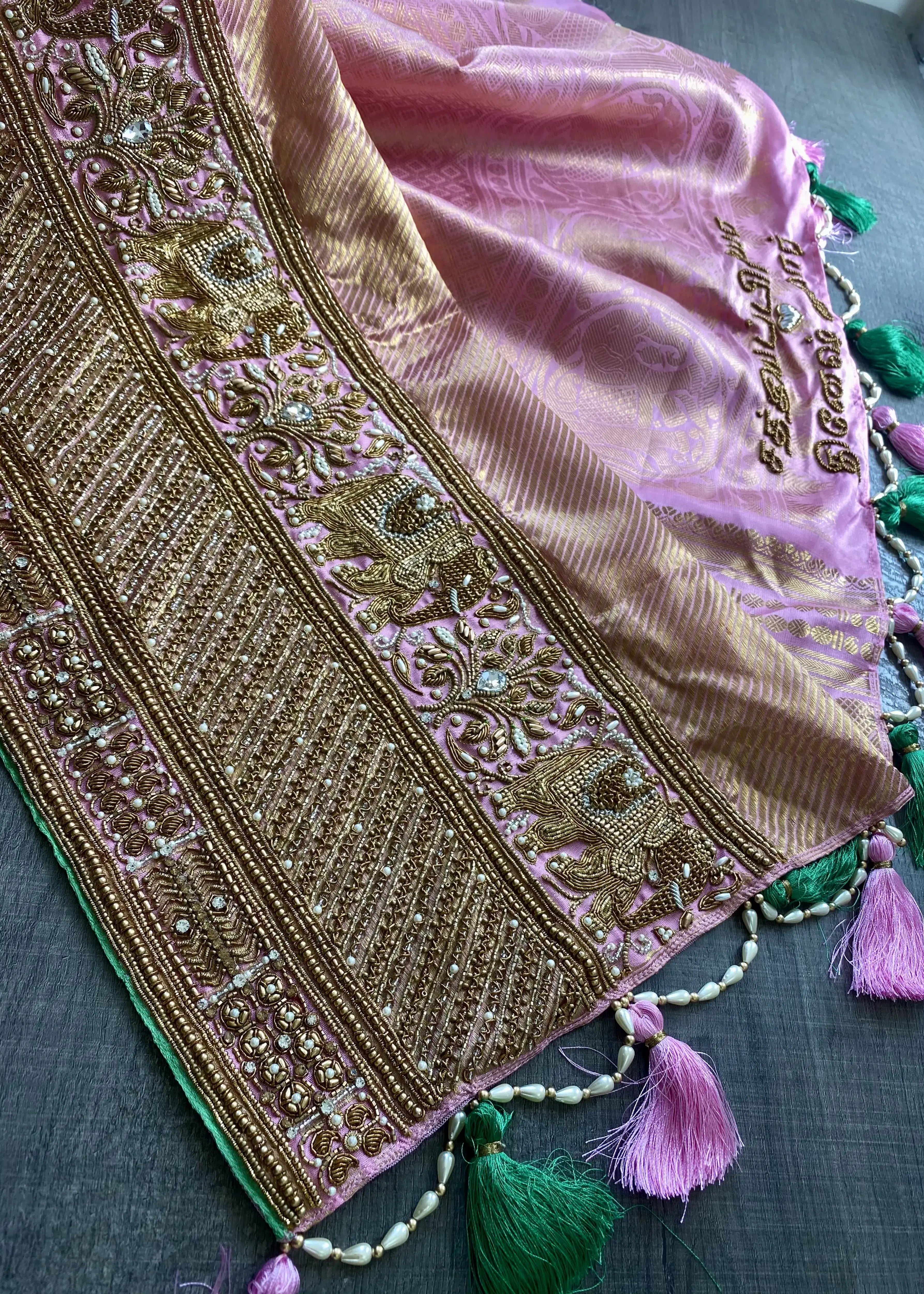Saree border and blouse designed by Archana Karthick with zardozi and pearls for bride Sathiyapriya from Dindigul. At the atelier border detailing