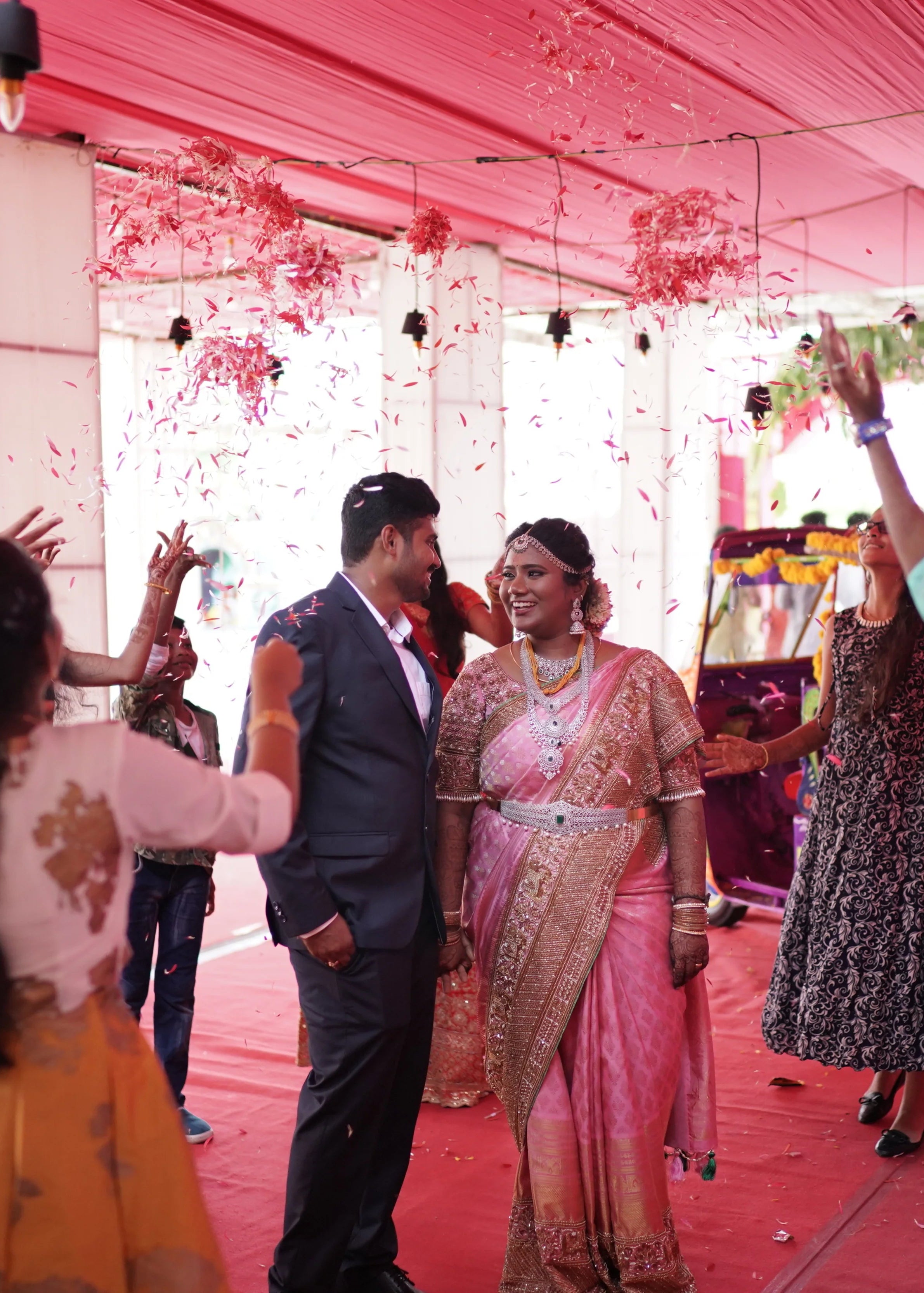 Saree border and blouse designed with zardozi and pearls for bride Sathiyapriya from Dindigul. Bride and groom smiling