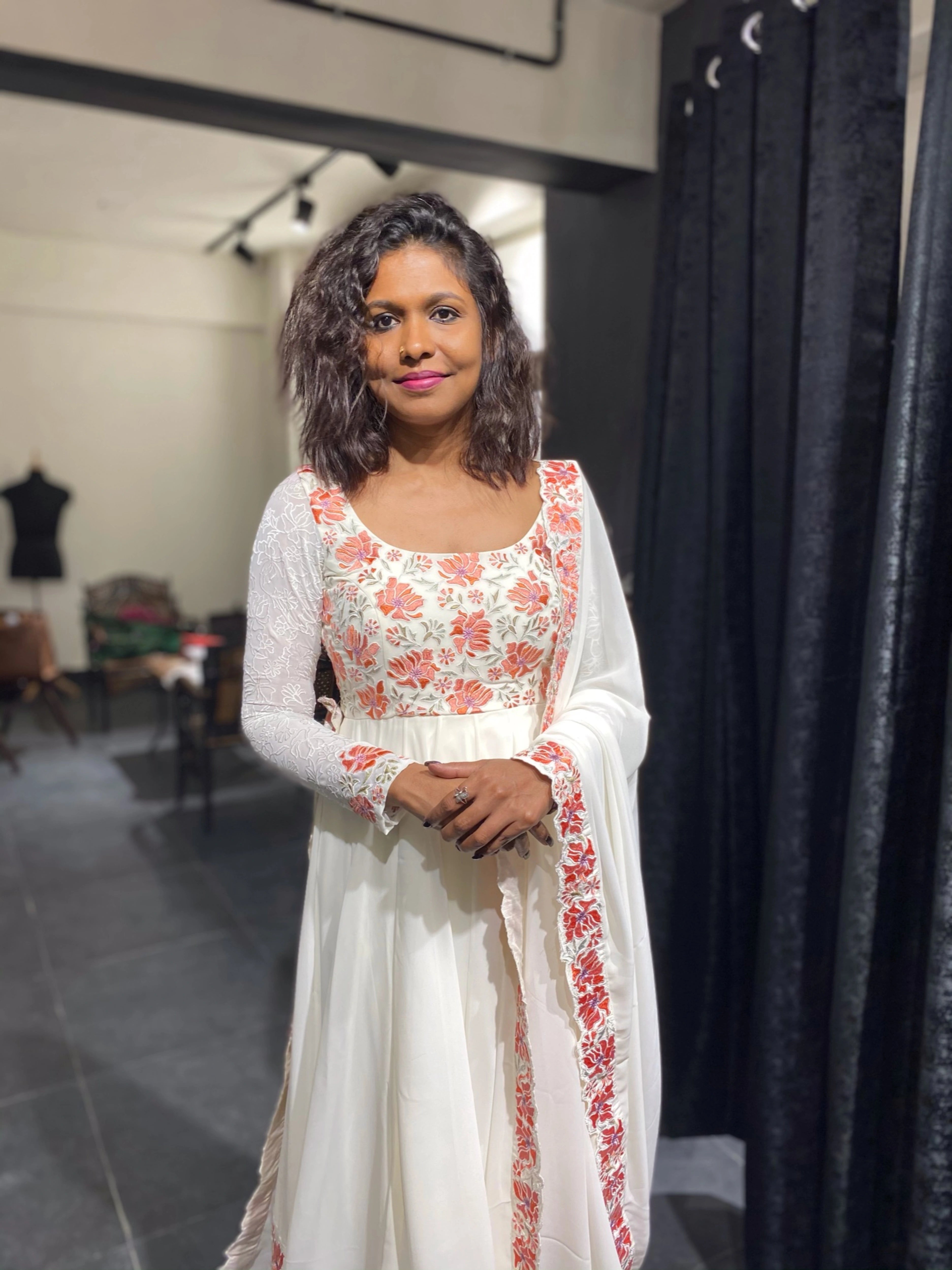 Sasi during the fittings in a white anarkali handcrafted by team Archana Karthick for her birthday.