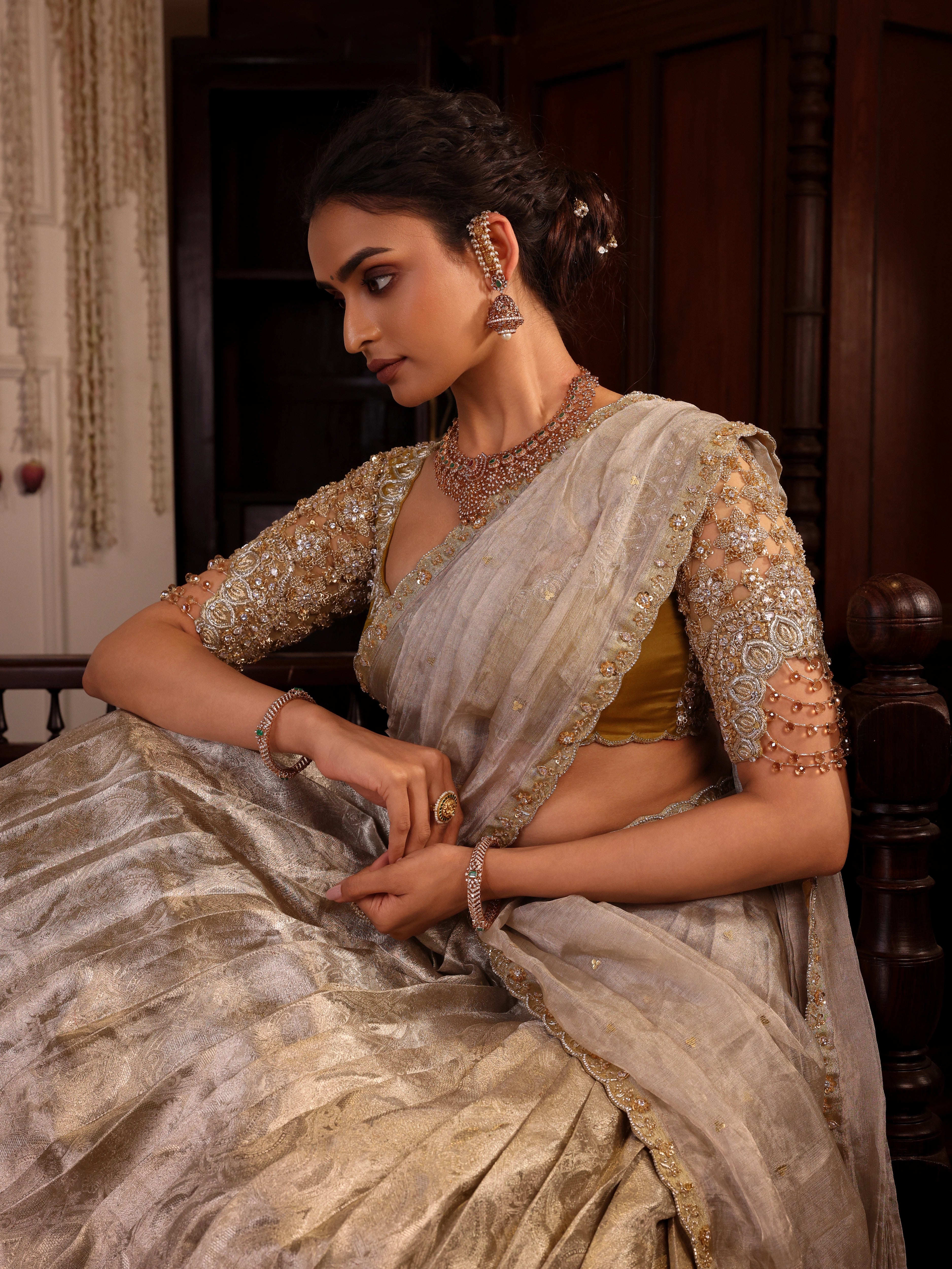 Model Sanskriti Mishra stuns in gold and silver kanjeevaram silk half saree with vummidi bangaru jewllery