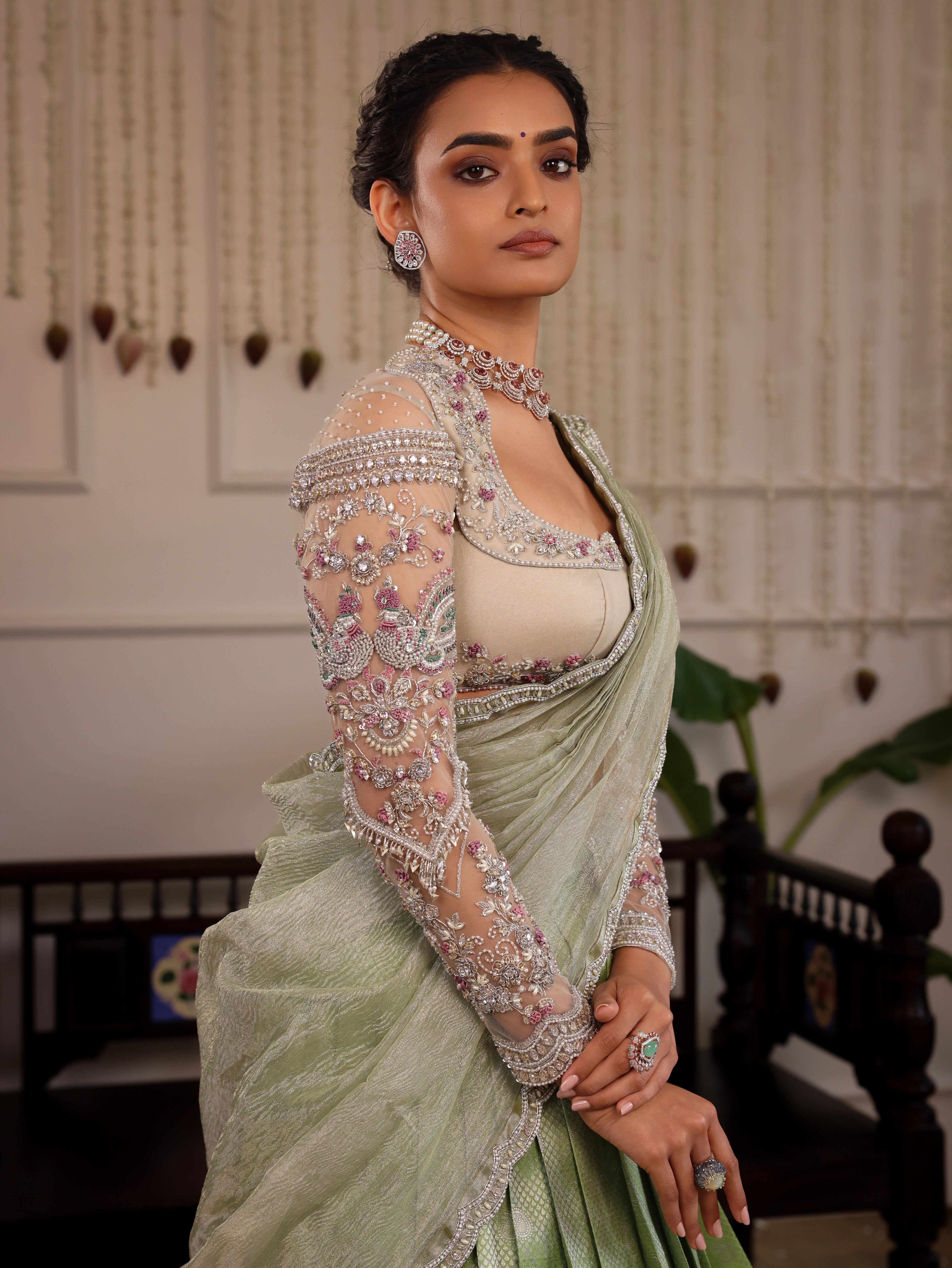 Model Sanskriti Mishra stuns in pastel green kanjeevaram silk half saree with vummidi bangaru diamond jewellery