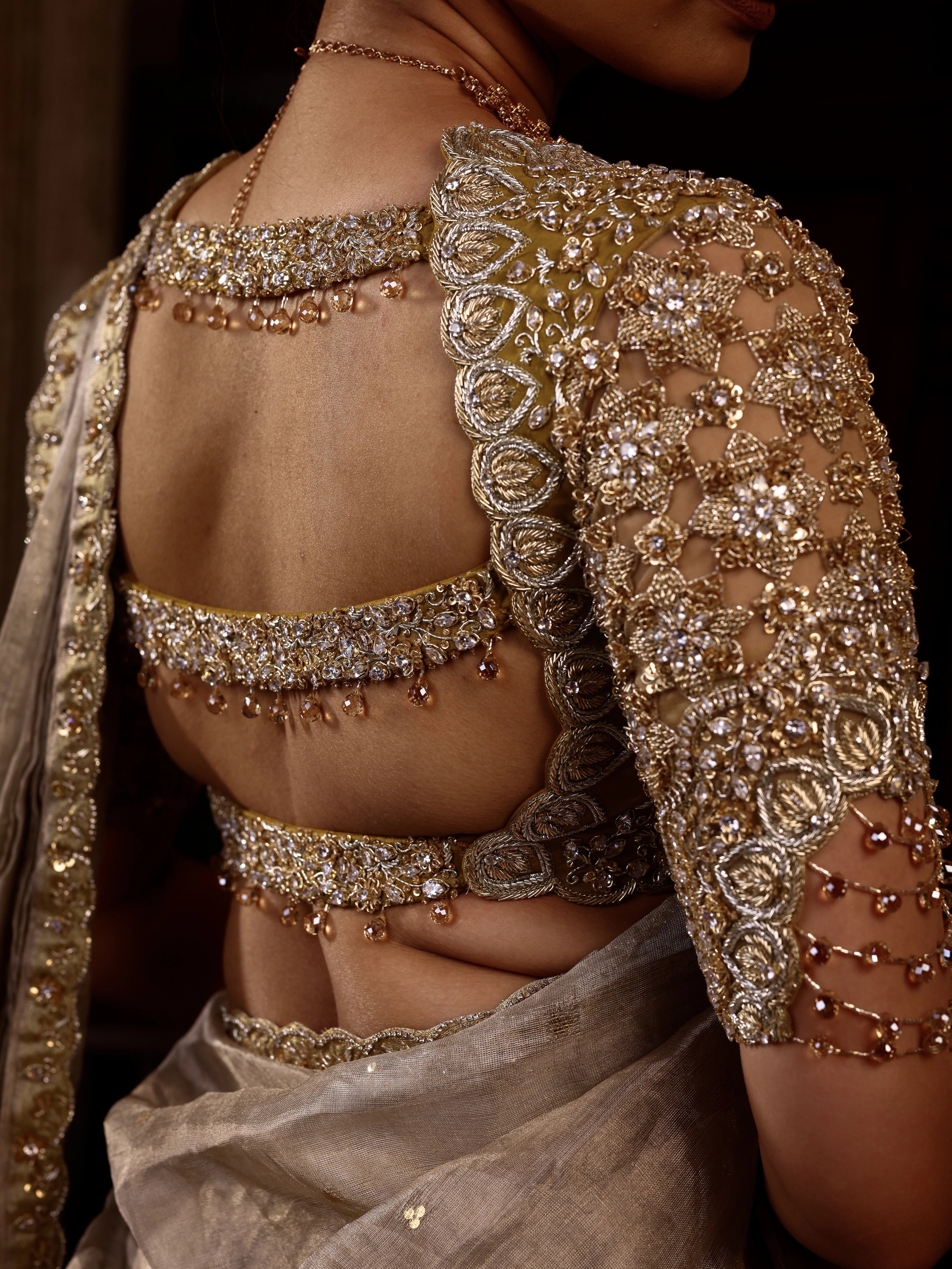 Model Sanskriti Mishra in gold and silver kanjeevaram silk half saree blouse with vummidi bangaru jewllery