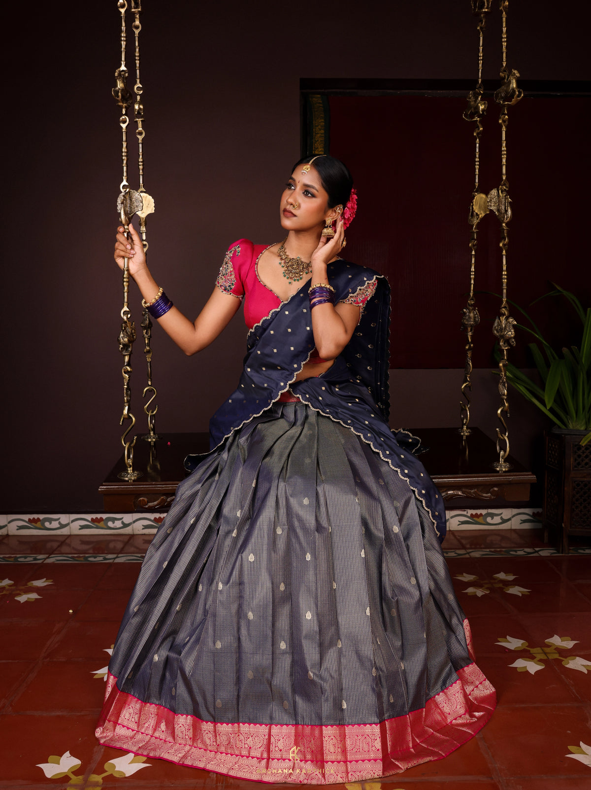 "Sangu Poo" - Blue & Pink Half Saree