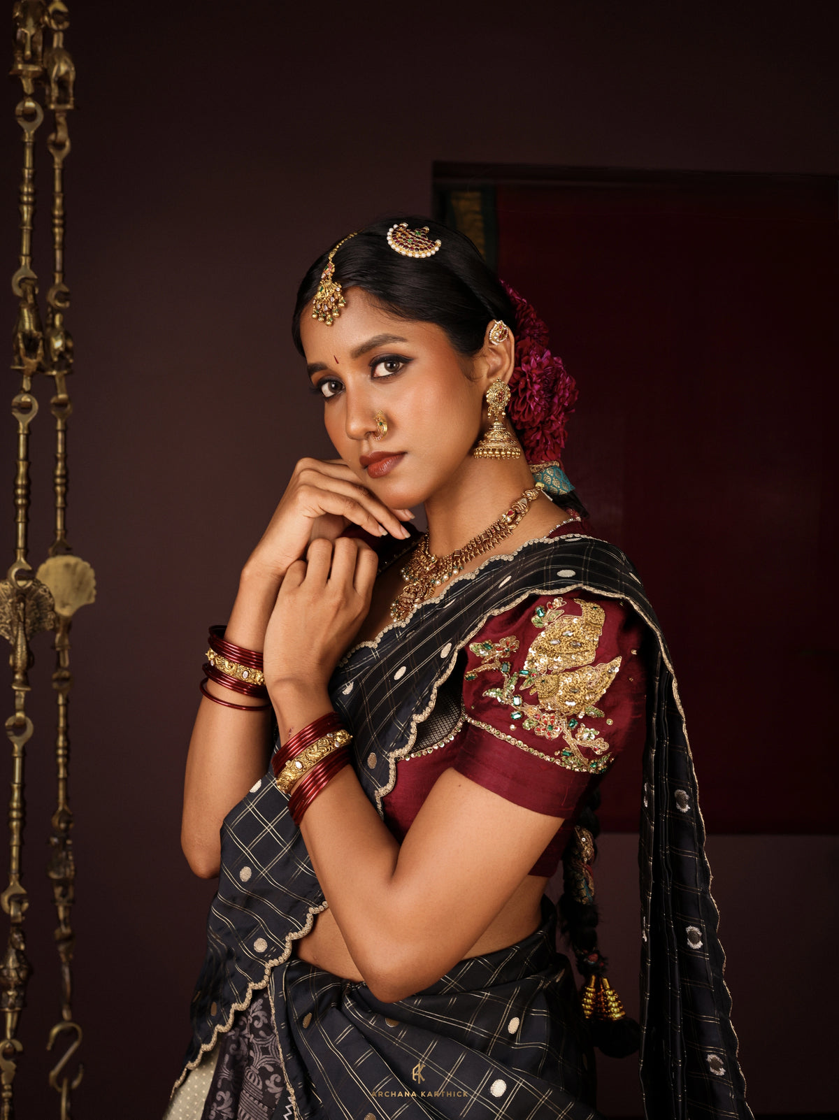 "Roja" - Black & Maroon Silk Half Saree