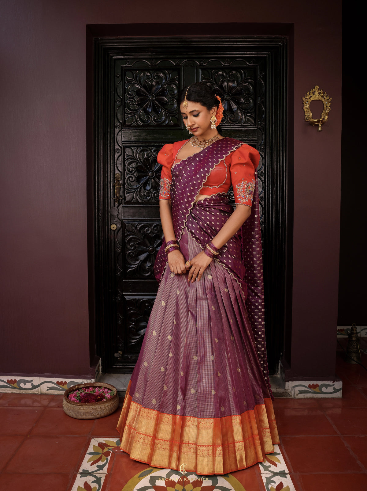 "Vaadamalli" - Orange & Purple Silk Half Saree