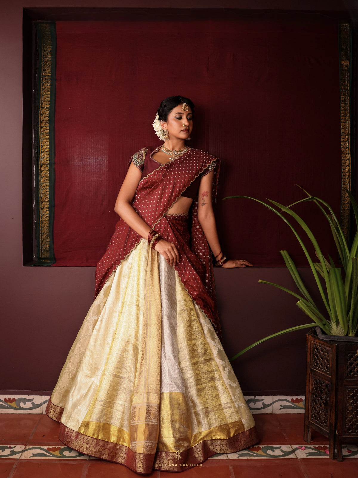 "Malli" - Gold & Maroon Silk Half Saree