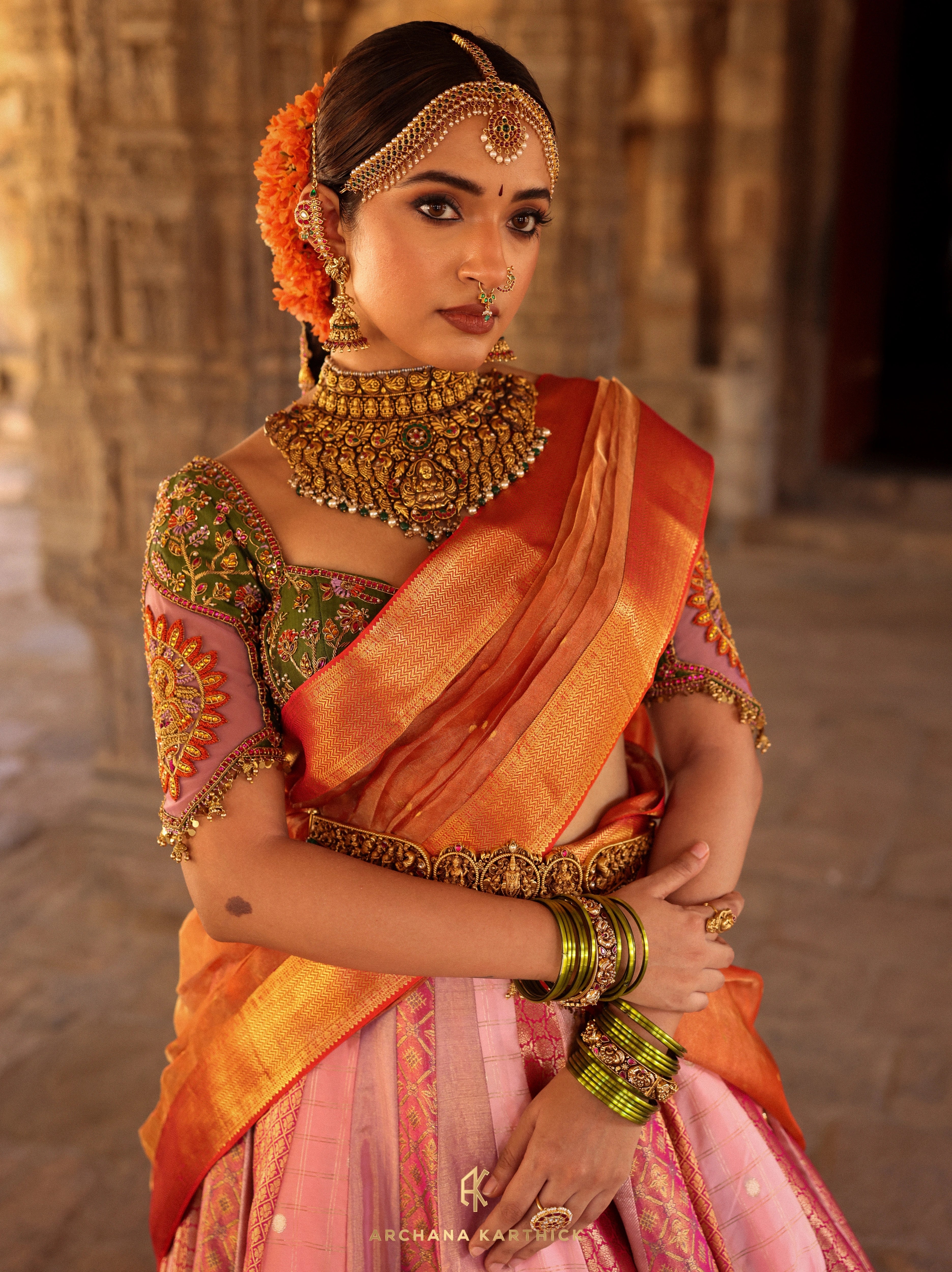 "Kundhavai" - Pink, Orange & Green Kanjeevaram Tissue Silk Half Saree