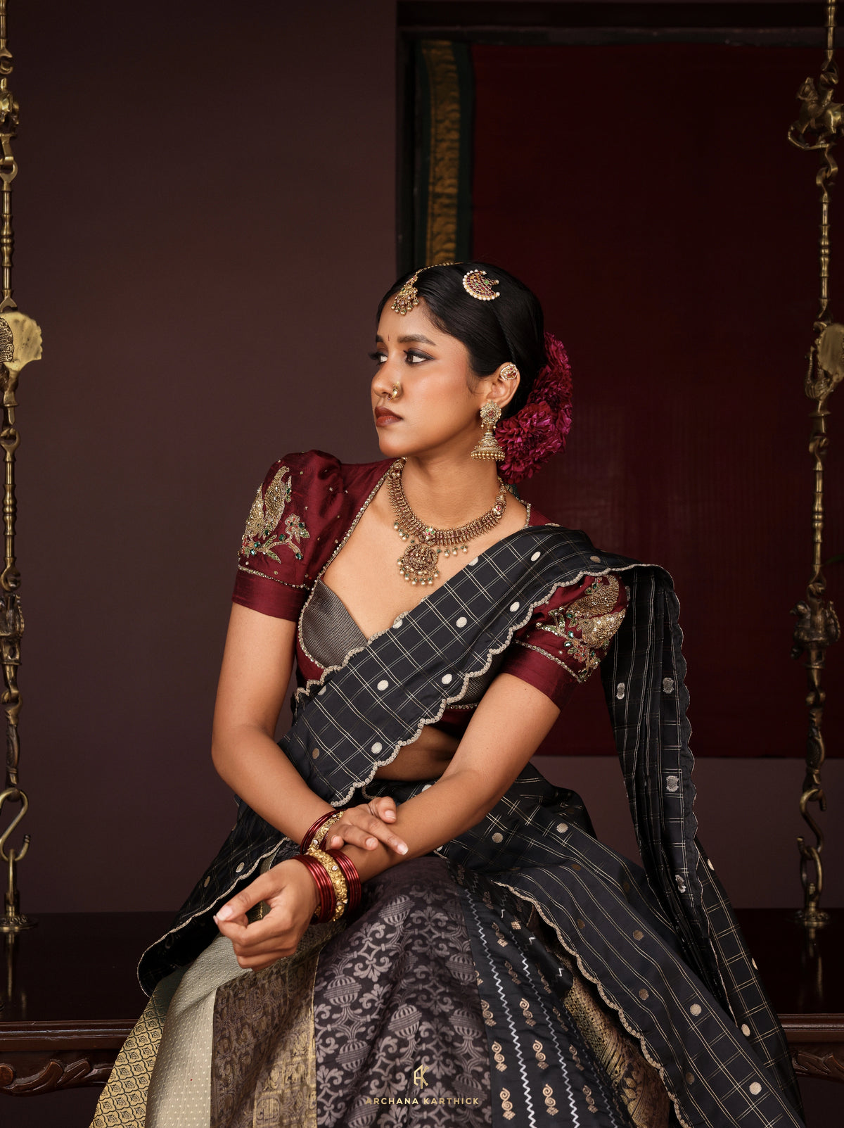 "Roja" - Black & Maroon Silk Half Saree
