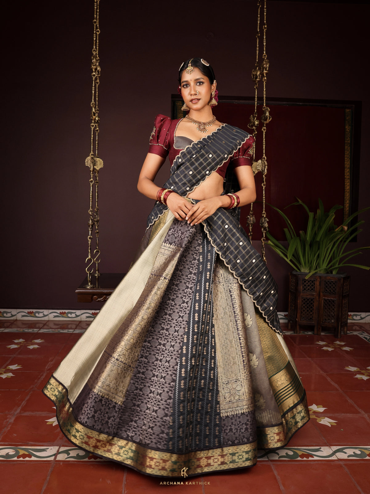 "Roja" - Black & Maroon Silk Half Saree