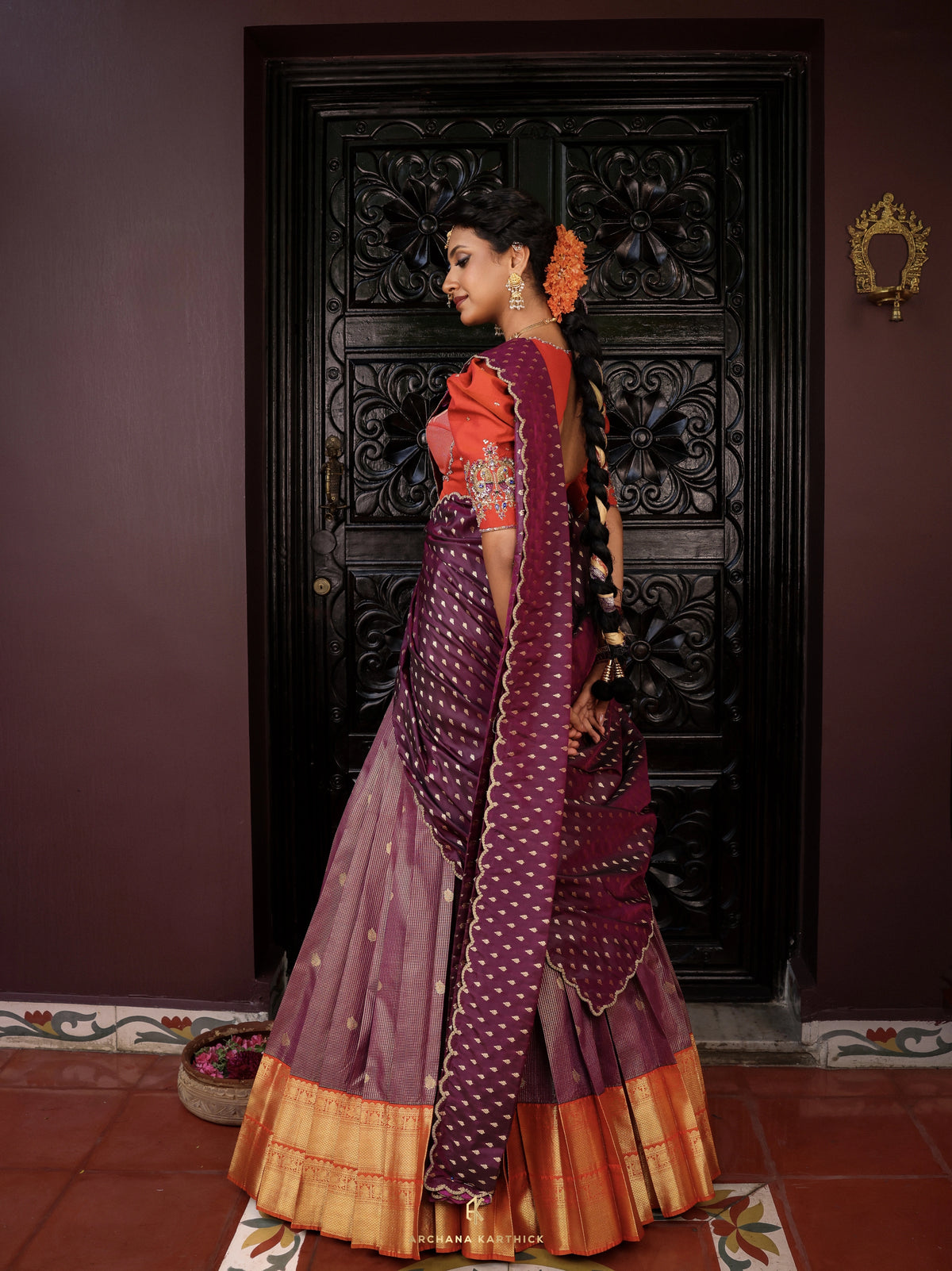 "Vaadamalli" - Orange & Purple Silk Half Saree