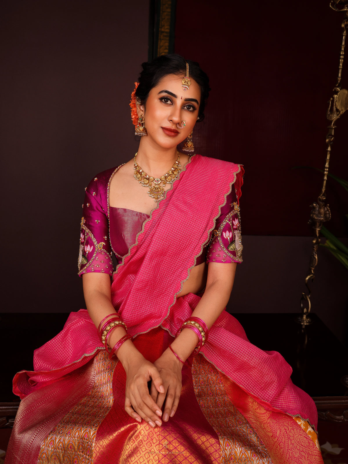 "Jaathimalli" - Pink & Orange Silk Half Saree