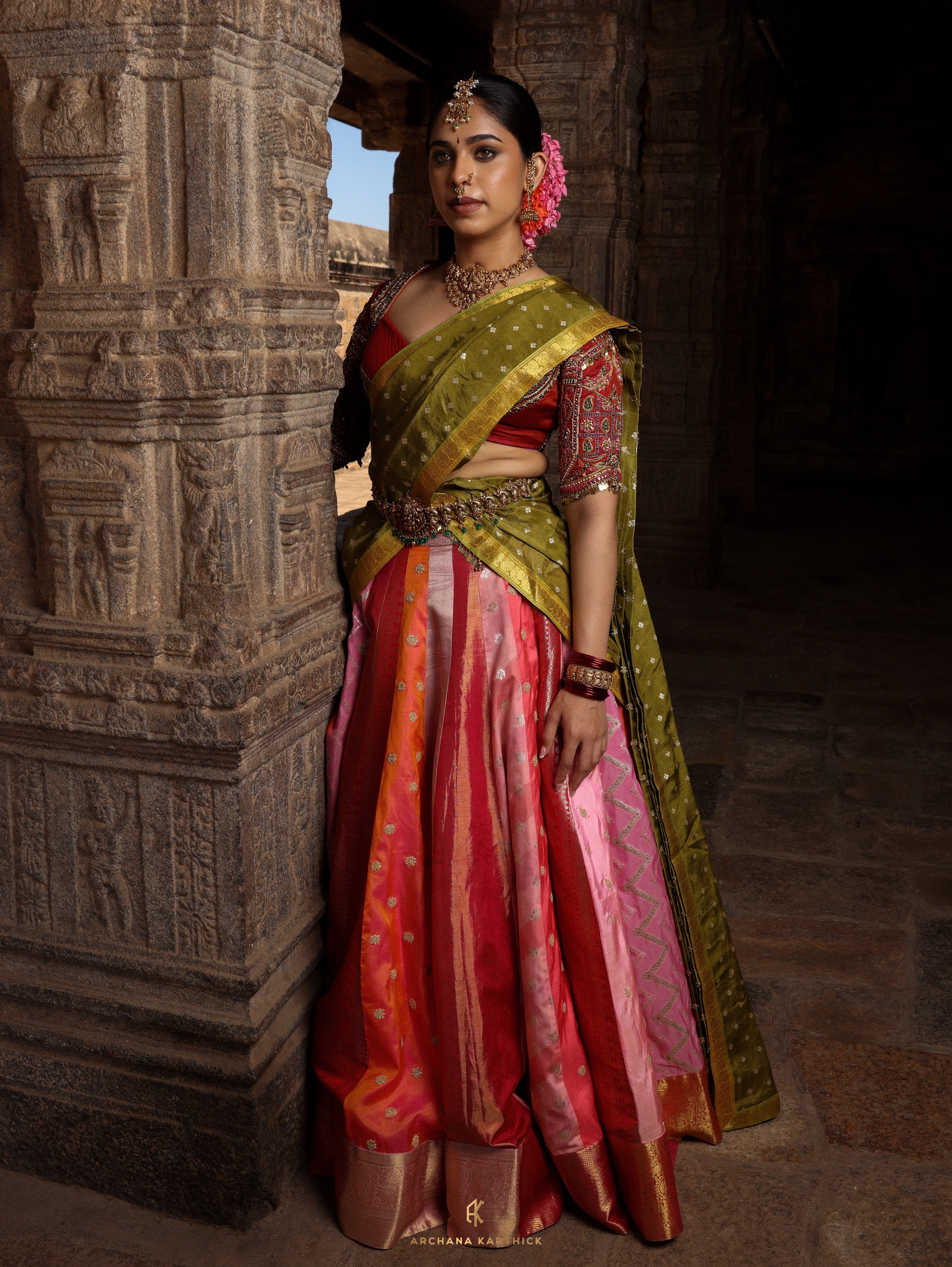 "Rudrama Devi" - Pink, Red & Green Kanjeevaram Silk Half Saree
