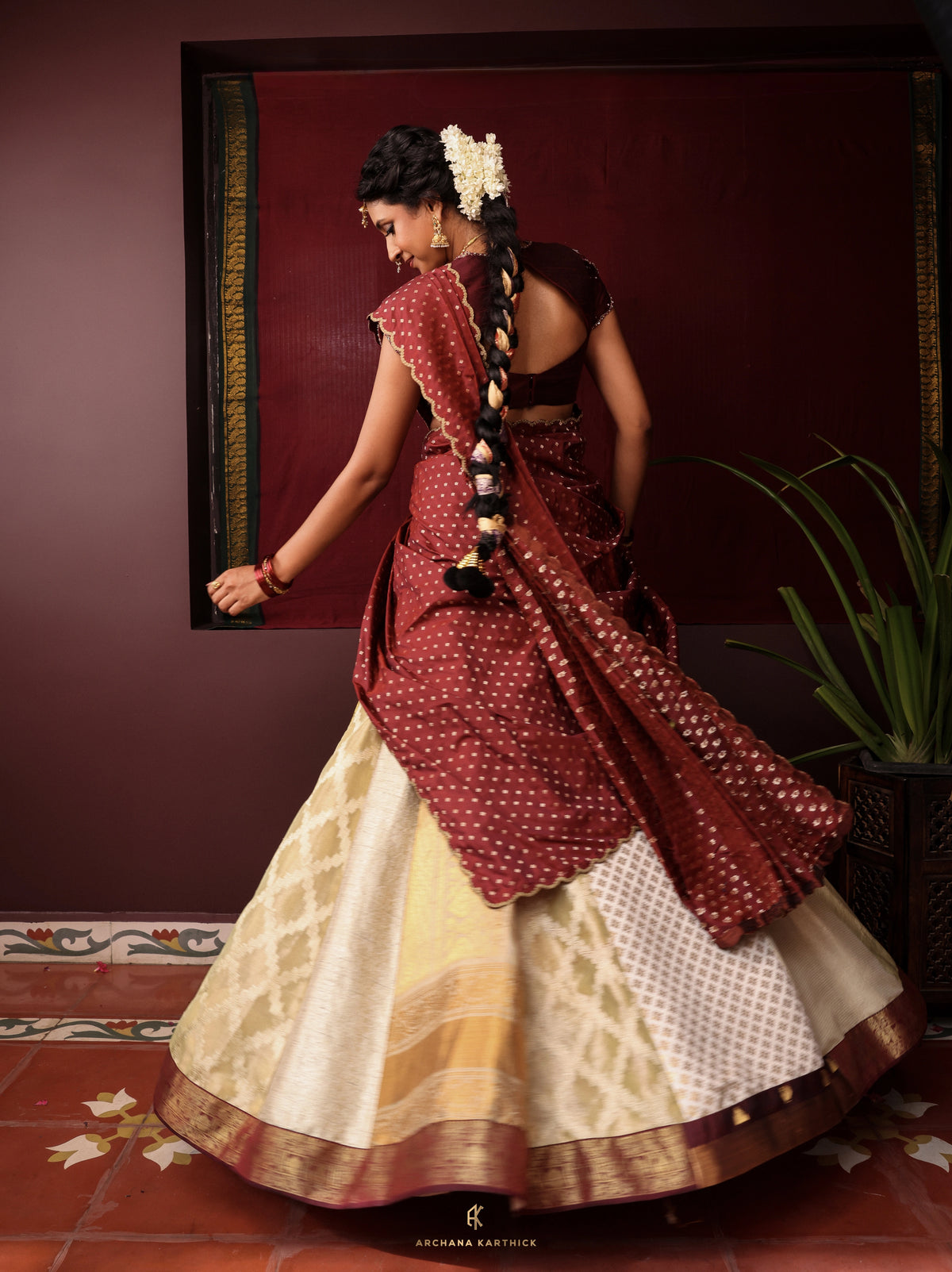 "Malli" - Gold & Maroon Silk Half Saree