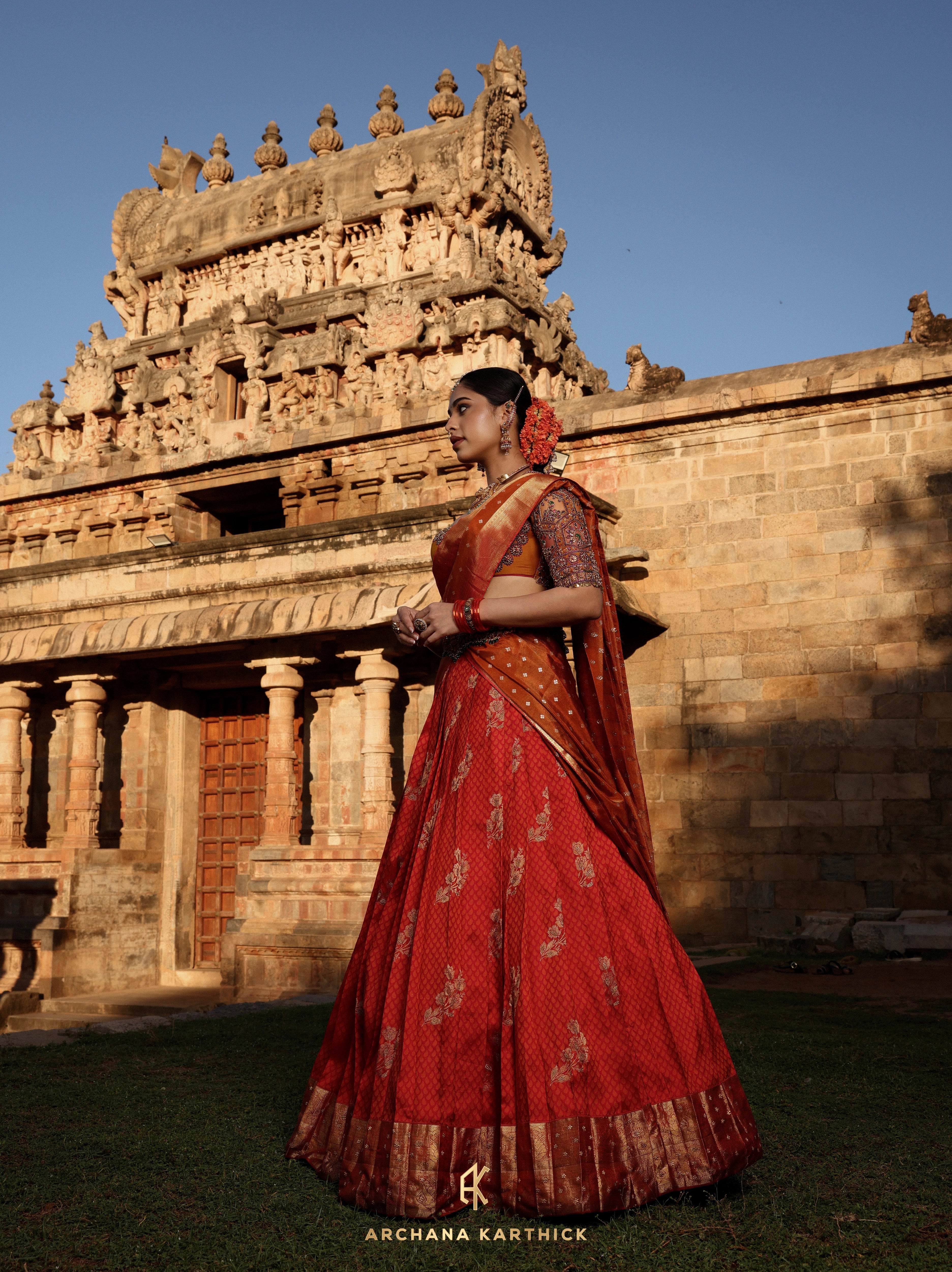 "Mangammal" - Red, Mustard & Orange Kanjeevaram Silk Half Saree