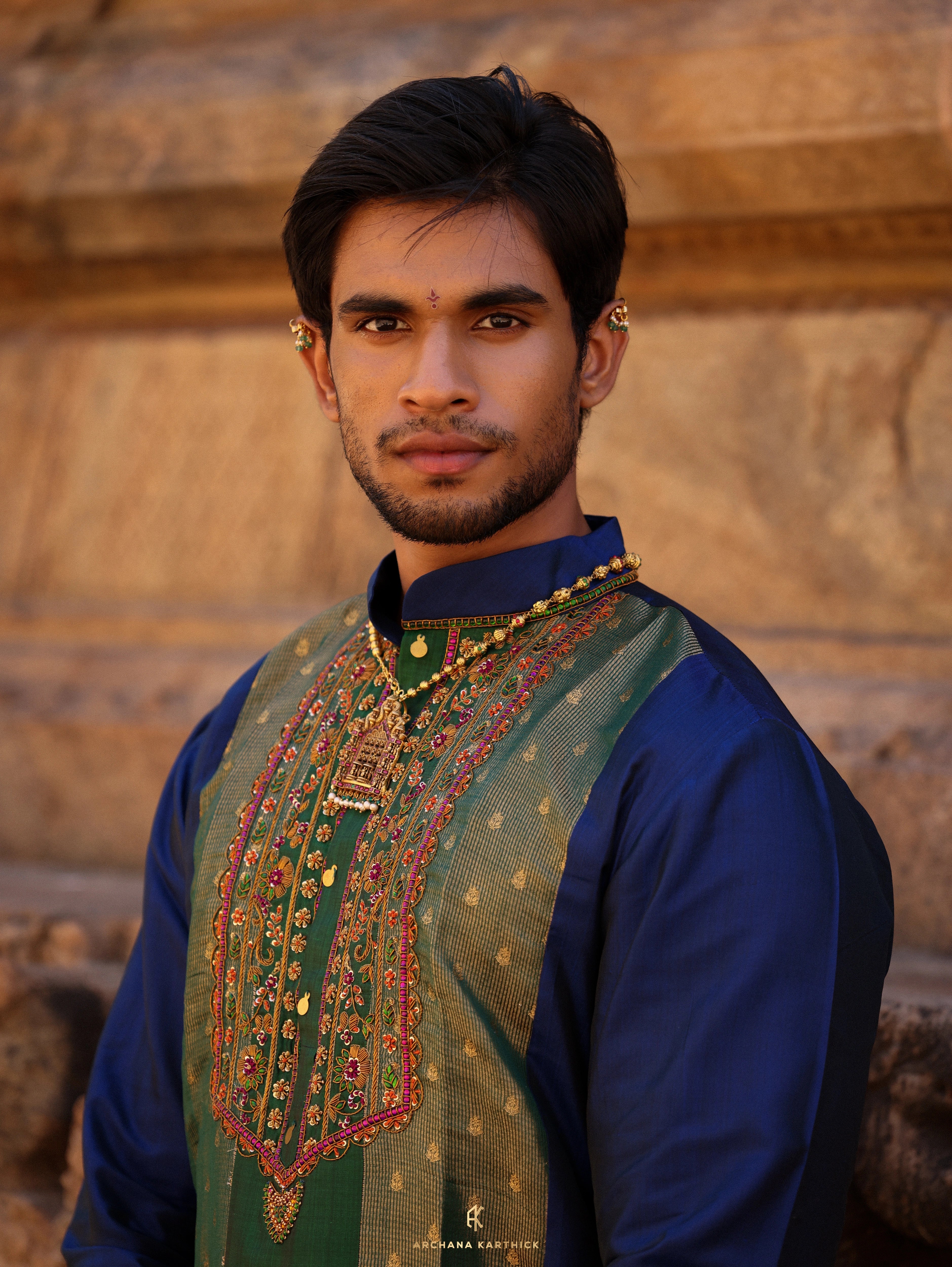 "Sadasivam" - Green & Blue Kanjeevaram Silk Kurta Set for Men