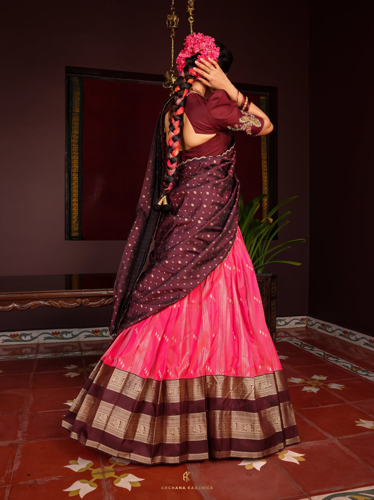 "Arali" - Pink & Brown Silk Half Saree