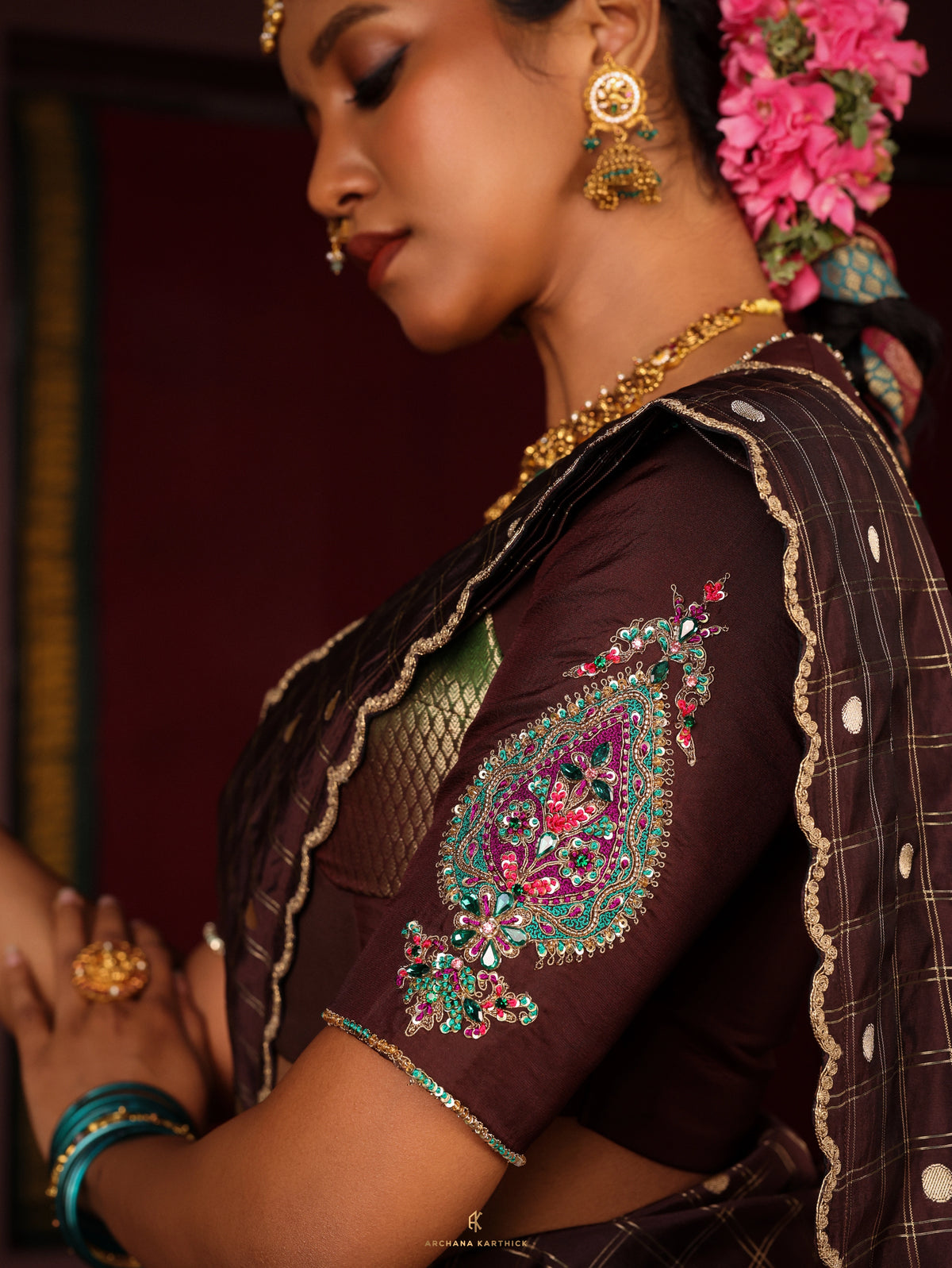 "Neelakurinji" - Teal & Brown Silk Half Saree