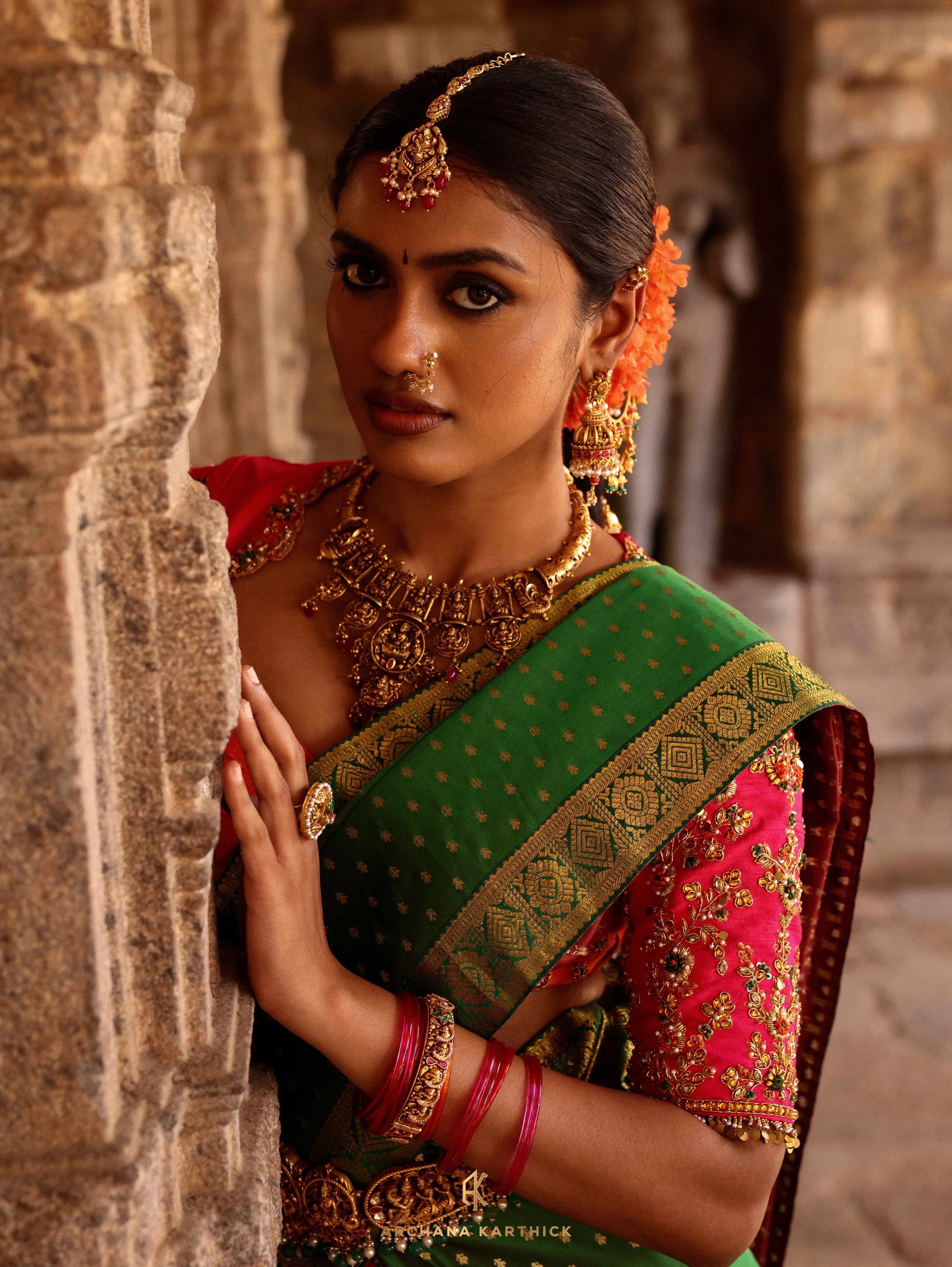 "Velu Nachiyar" - Orange, Pink & Green Silk Half Saree