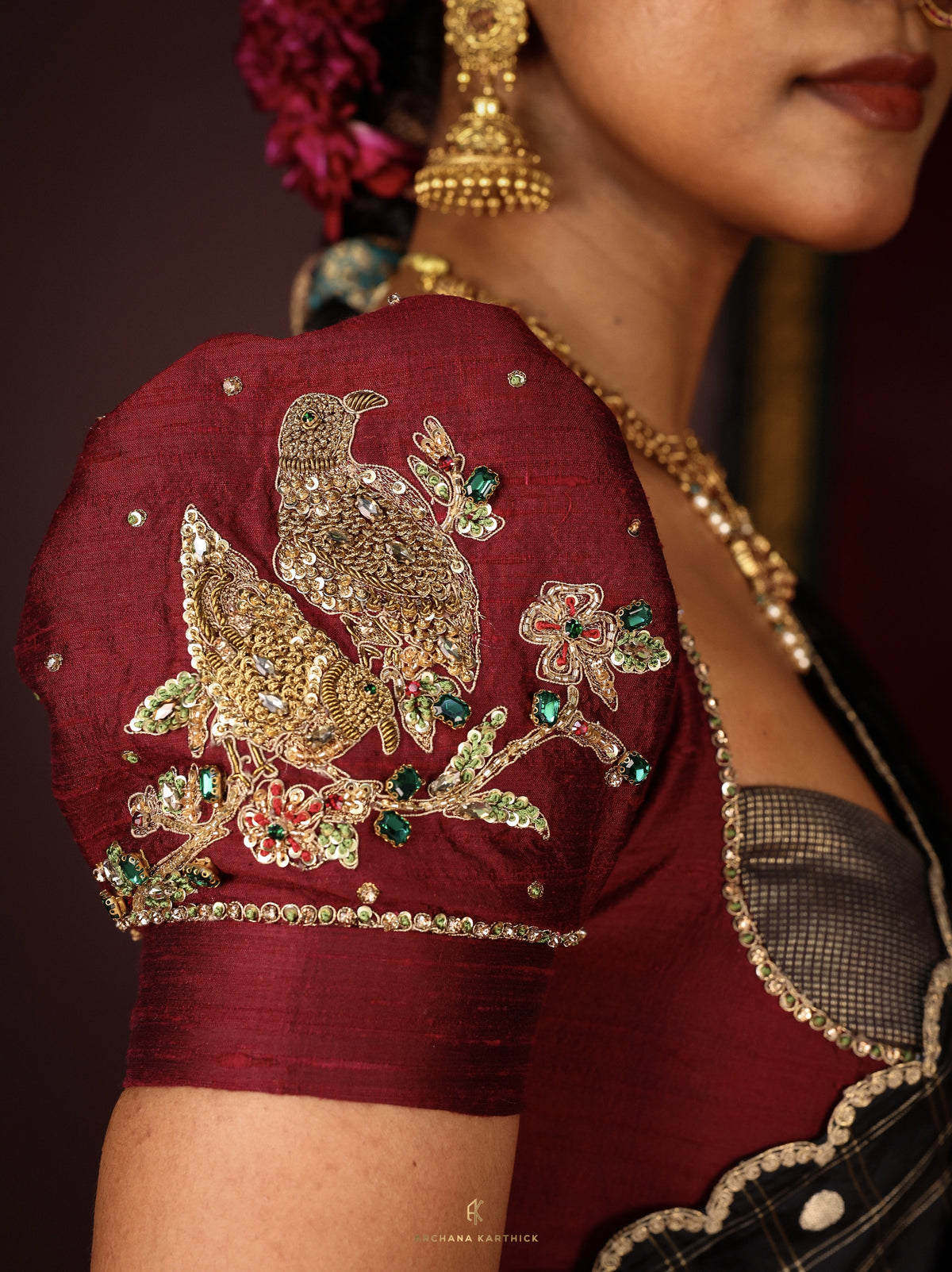 "Roja" - Black & Maroon Silk Half Saree