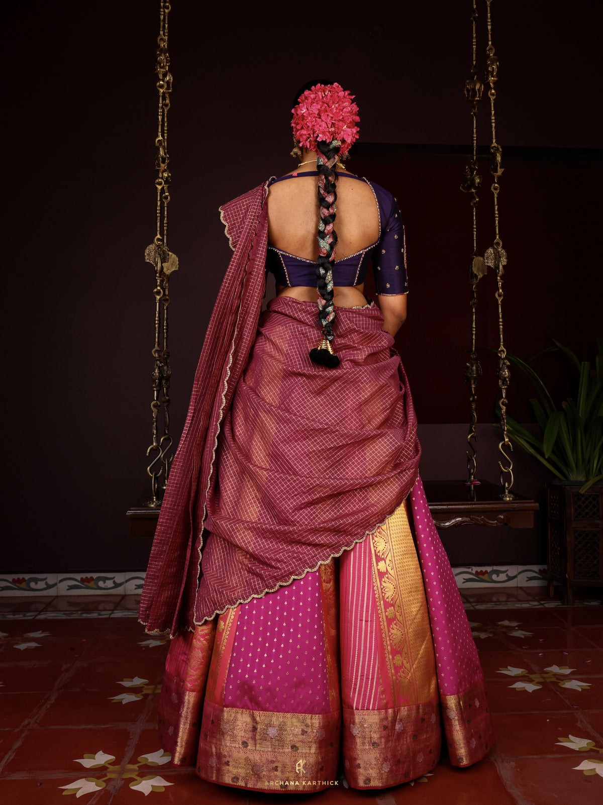 "Thamarai" - Blue, Pink & Magenta Silk Half Saree