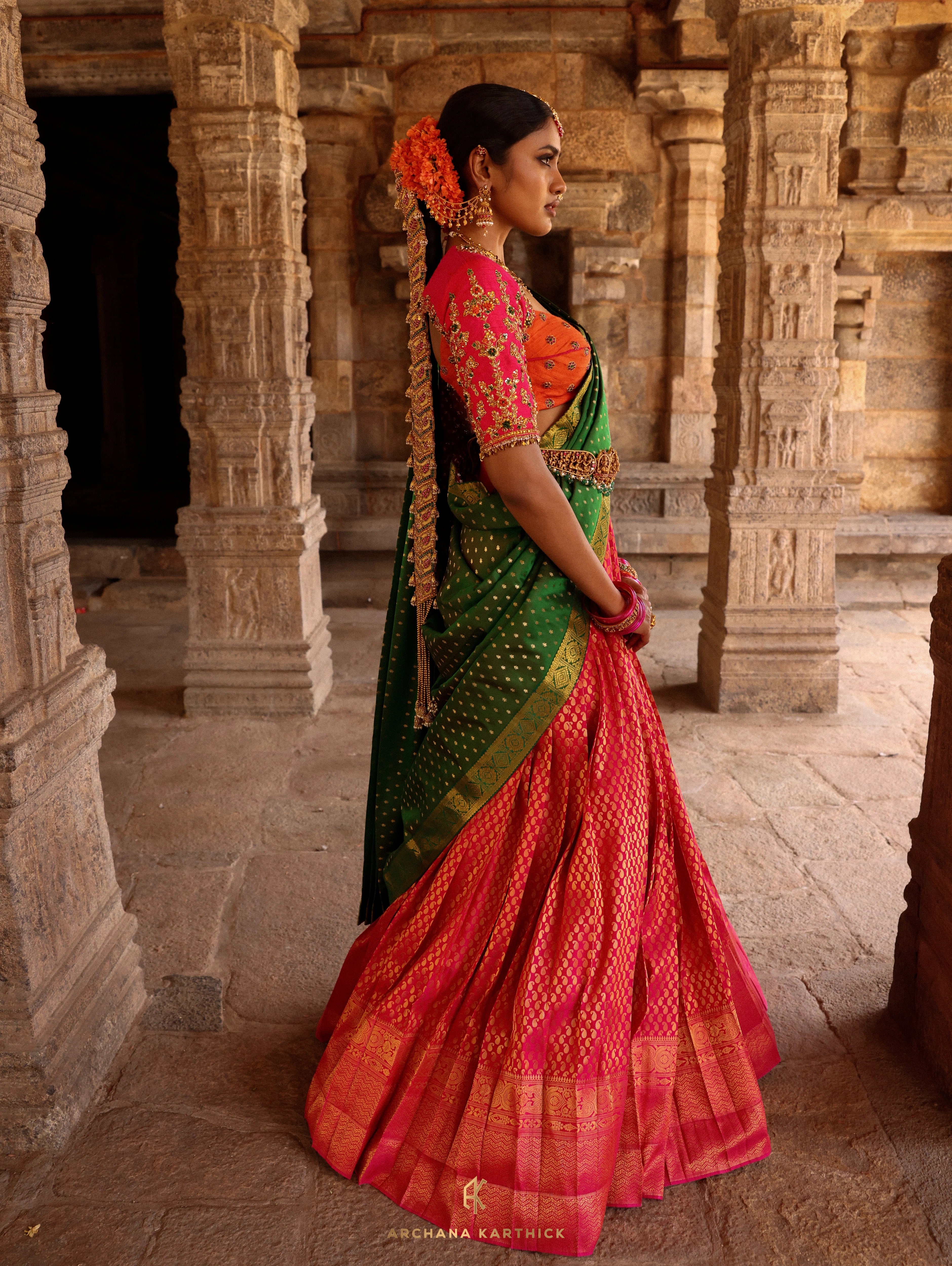 "Velu Nachiyar" - Orange, Pink & Green Silk Half Saree